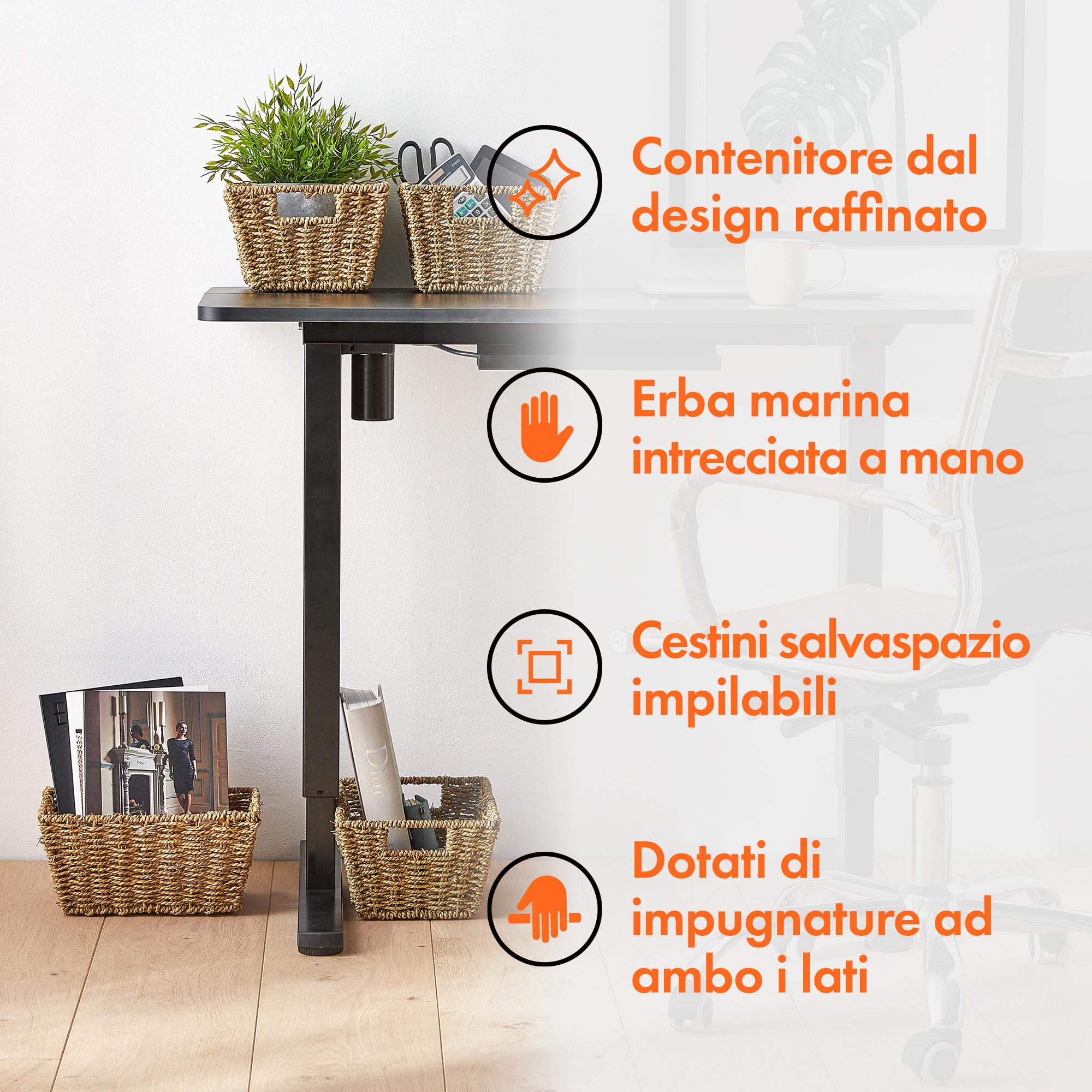 VonHaus Set 4 Cesti Seagrass Intrecciati con Manici