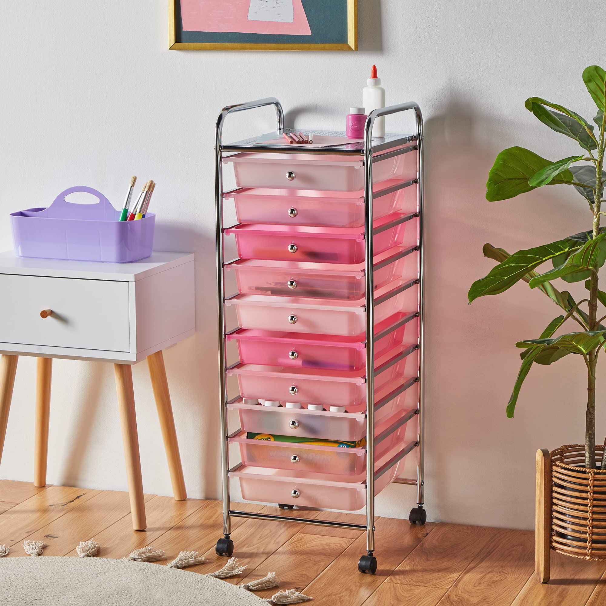 VonHaus Carrello 10 cassetti con ruote rosa per casa