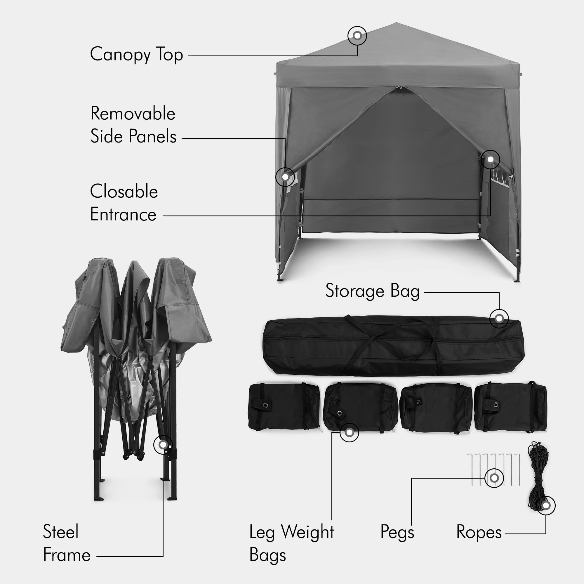 VonHaus Gazebo Pop-Up 2x2 m Impermeabile Grigio con 4 Pareti