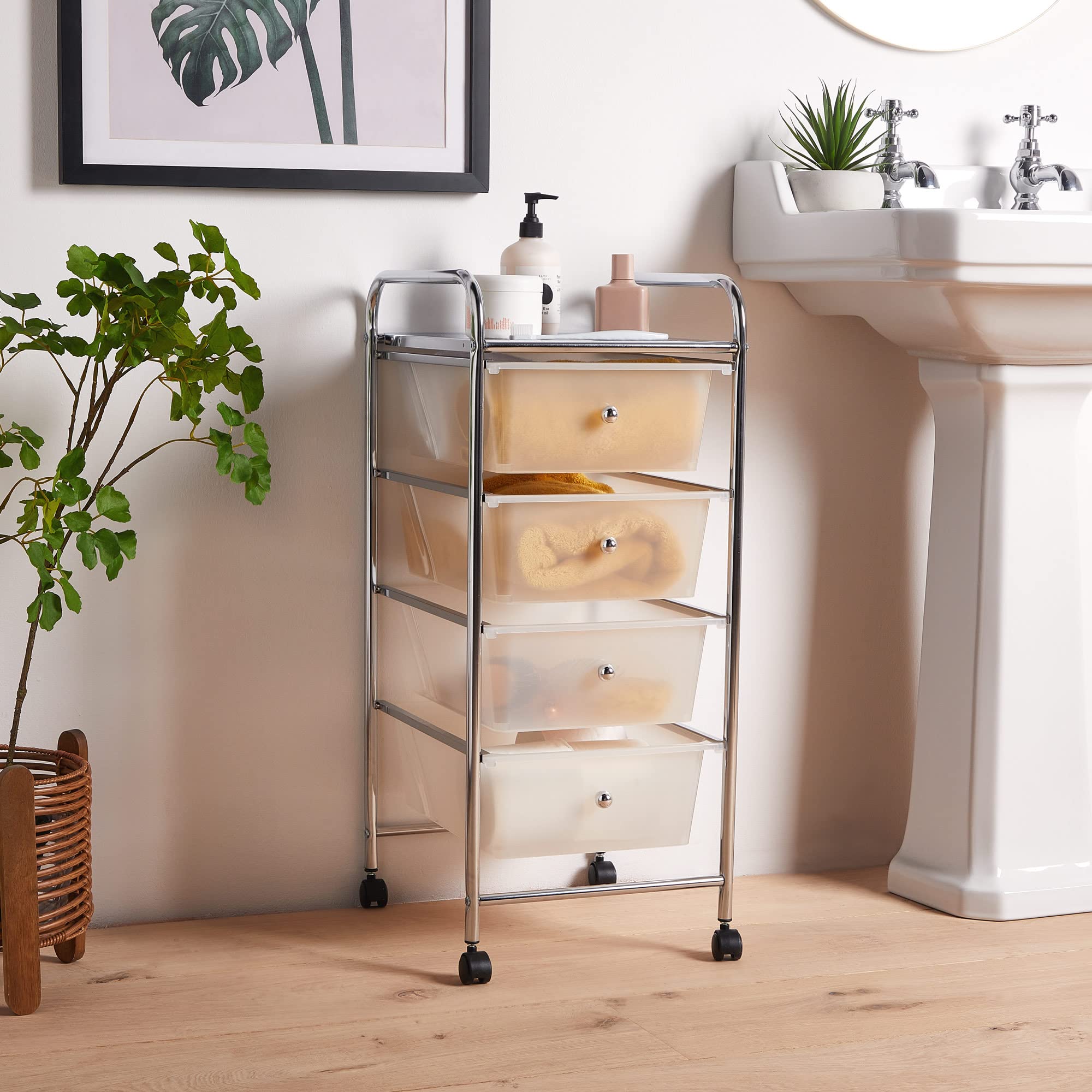 VonHaus Carrello 4 Cassetti Bianco con Ruote Salvaspazio