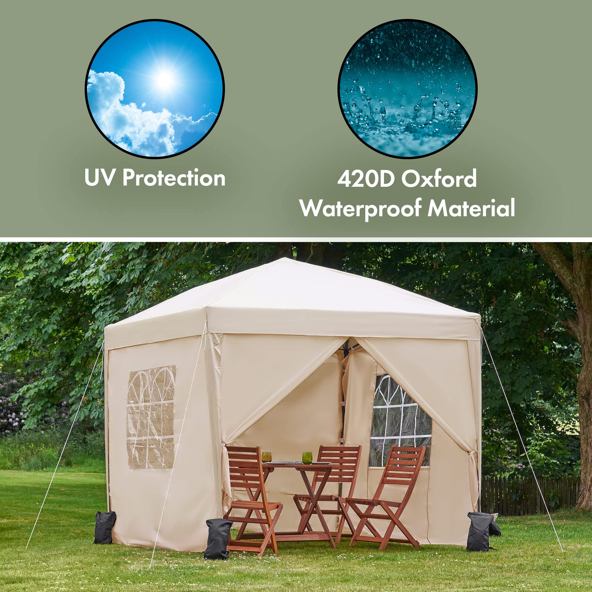 Vonhaus Gazebo 3x3 m Impermeabile Avorio con Pareti