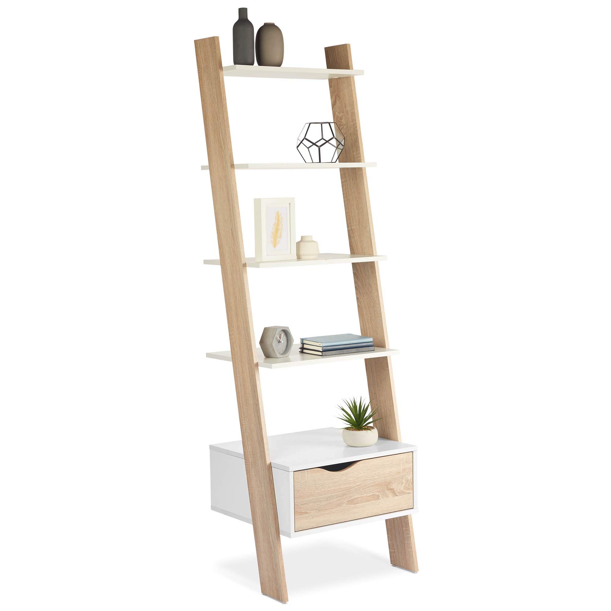 Vonhaus Libreria a Scala 5 Ripiani 1 Cassetto Bianco Rovere Sonoma