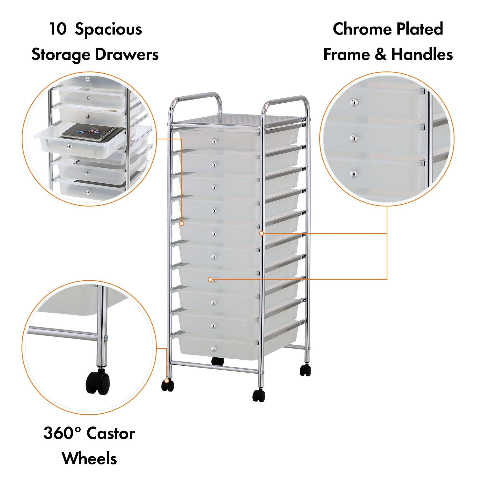 VonHaus carrello cassettiera 10 cassetti bianco con ruote