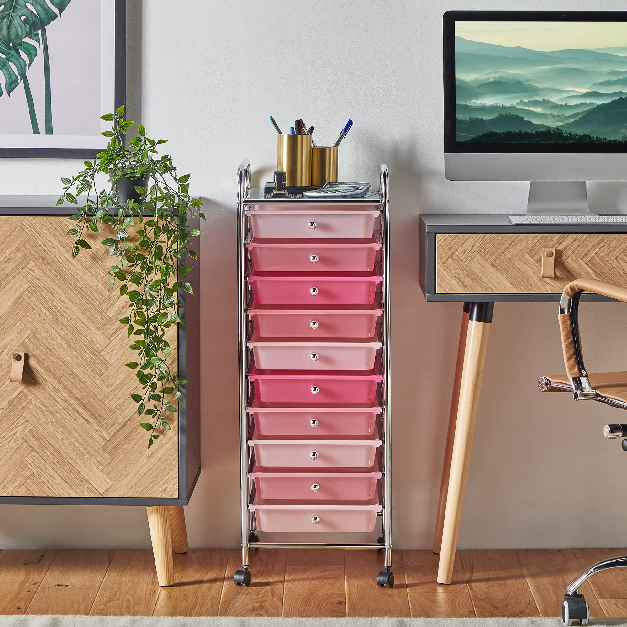 VonHaus Carrello 10 cassetti con ruote rosa per casa