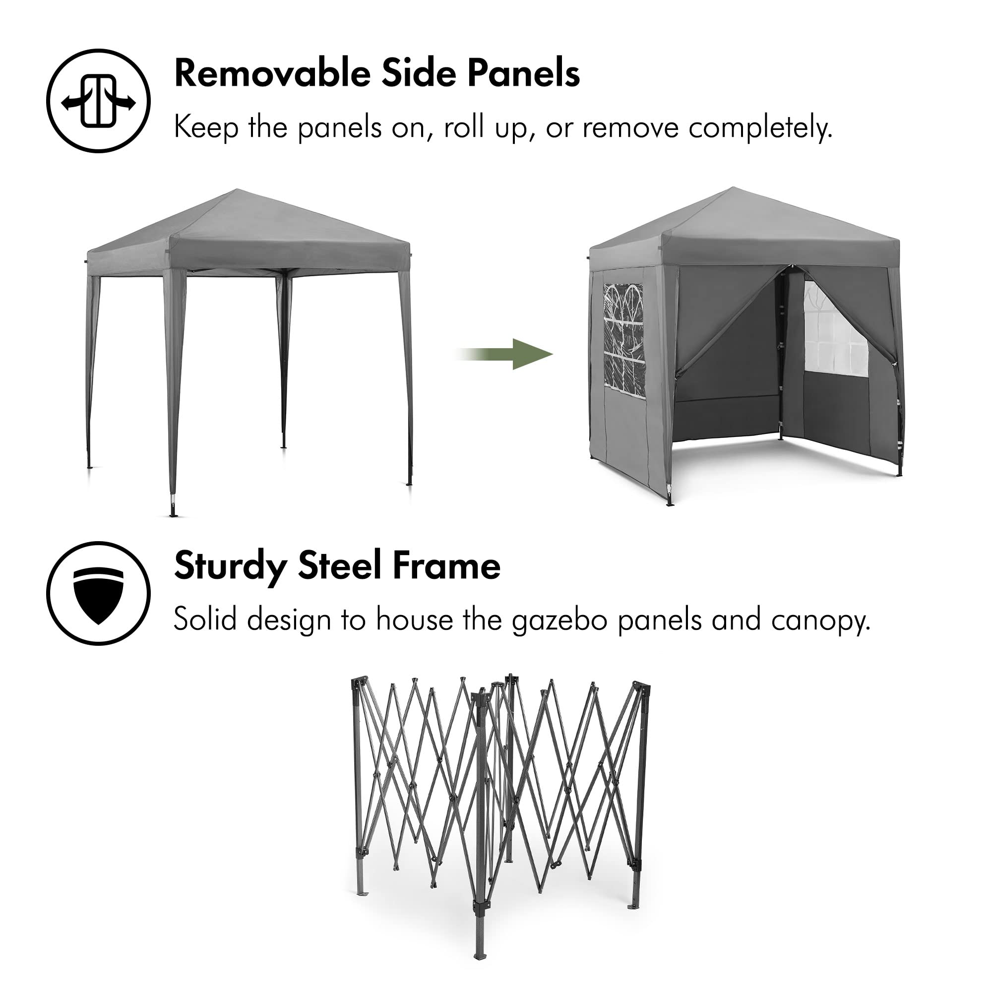 VonHaus Gazebo Pop-Up 2x2 m Impermeabile Grigio con 4 Pareti