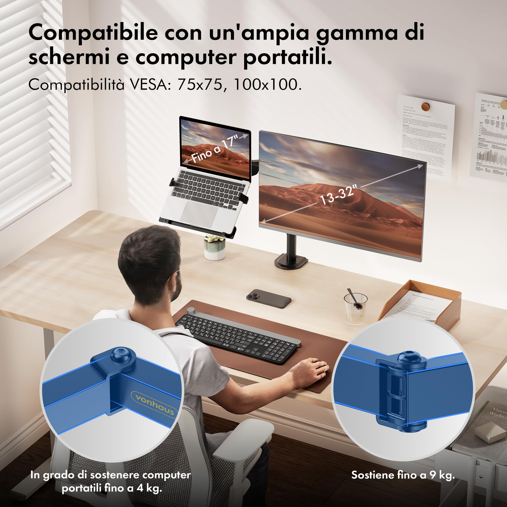 VonHaus Supporto Doppio Monitor e Laptop a Morsetto Nero