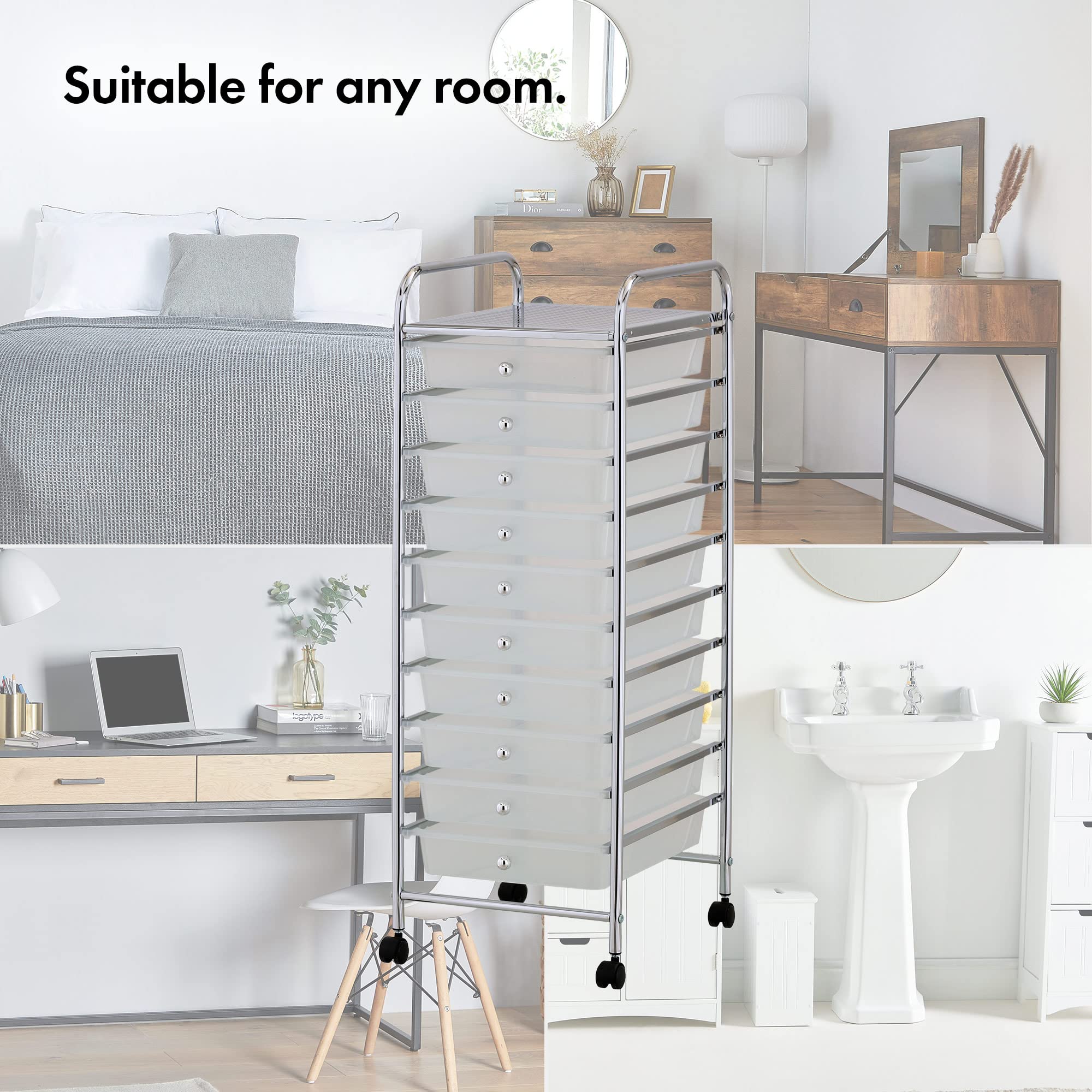 VonHaus carrello cassettiera 10 cassetti bianco con ruote