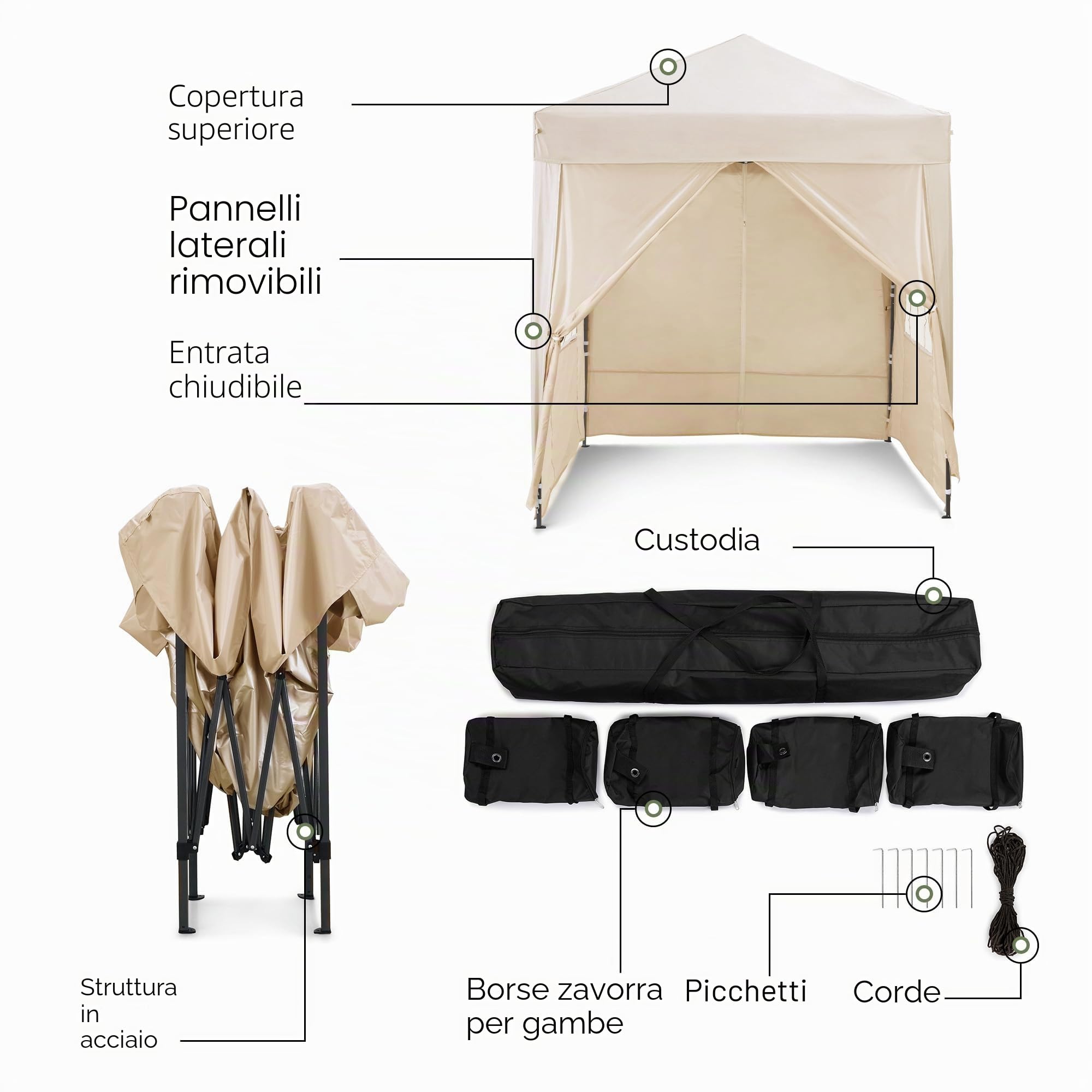 VonHaus Gazebo Pop-Up 2x2 m Impermeabile Crema con 4 Pareti