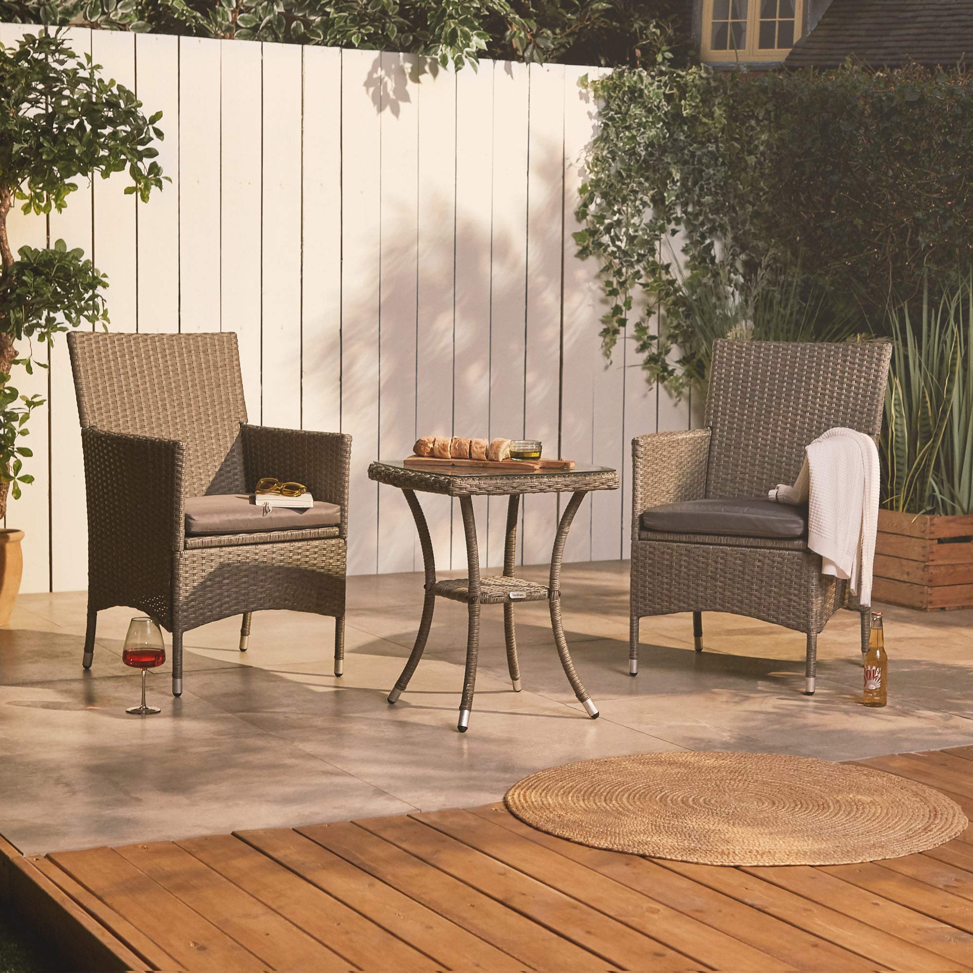 VonHaus Set Giardino Rattan 3 Pezzi Grigio con Vetro