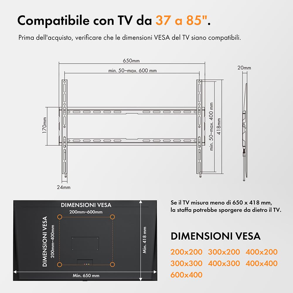 Vonhaus staffa TV parete fissa 37-85 pollici 70kg