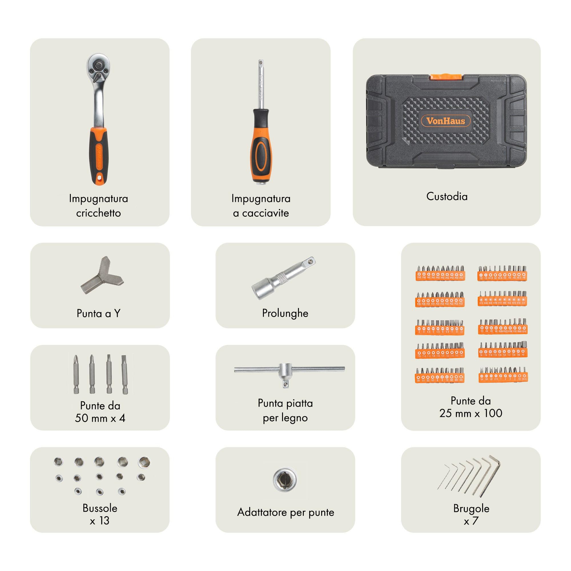 VonHaus Set Chiavi a Bussola 130 Pezzi con Cricchetto