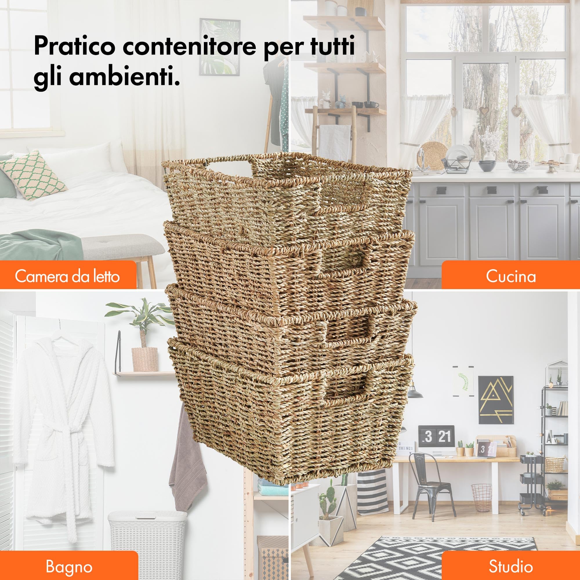 VonHaus Set 4 Cesti Seagrass Intrecciati con Manici