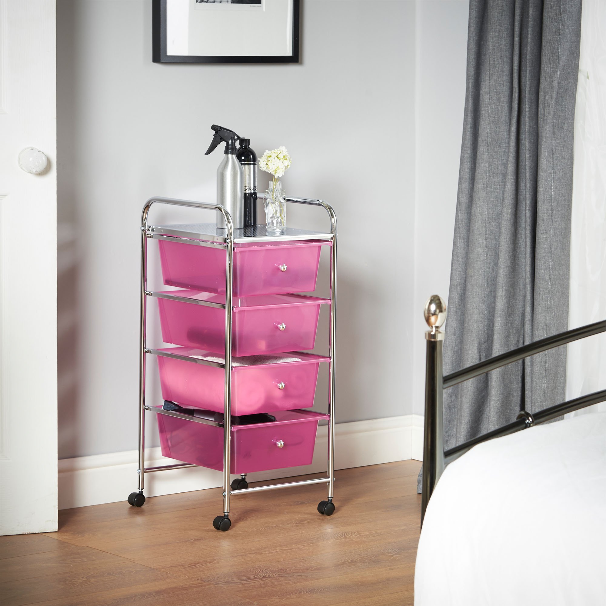 Vonhaus Carrello 4 Cassetti Rosa con Ruote 76 cm