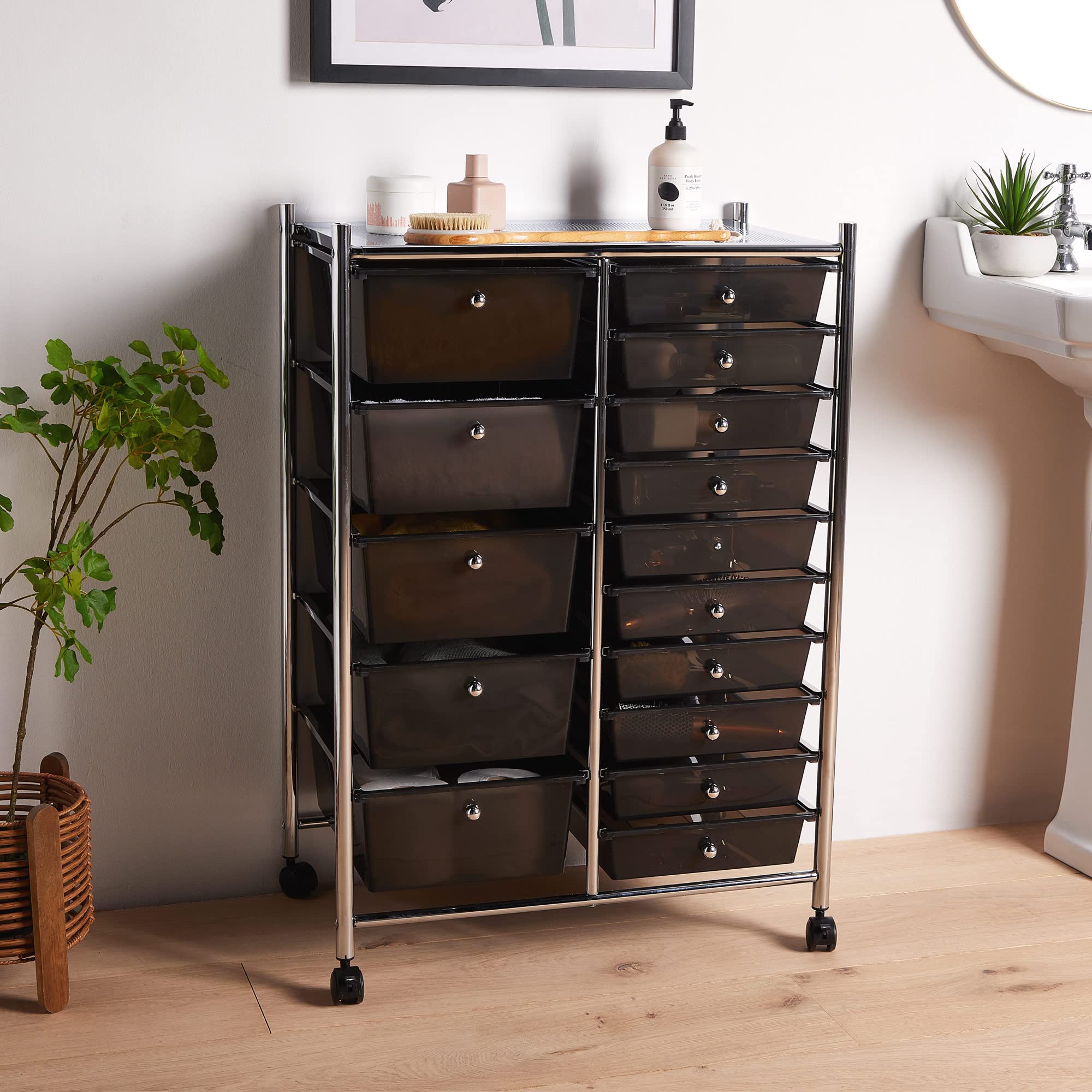 VonHaus Carrello 15 Cassetti Nero con Ruote Ufficio