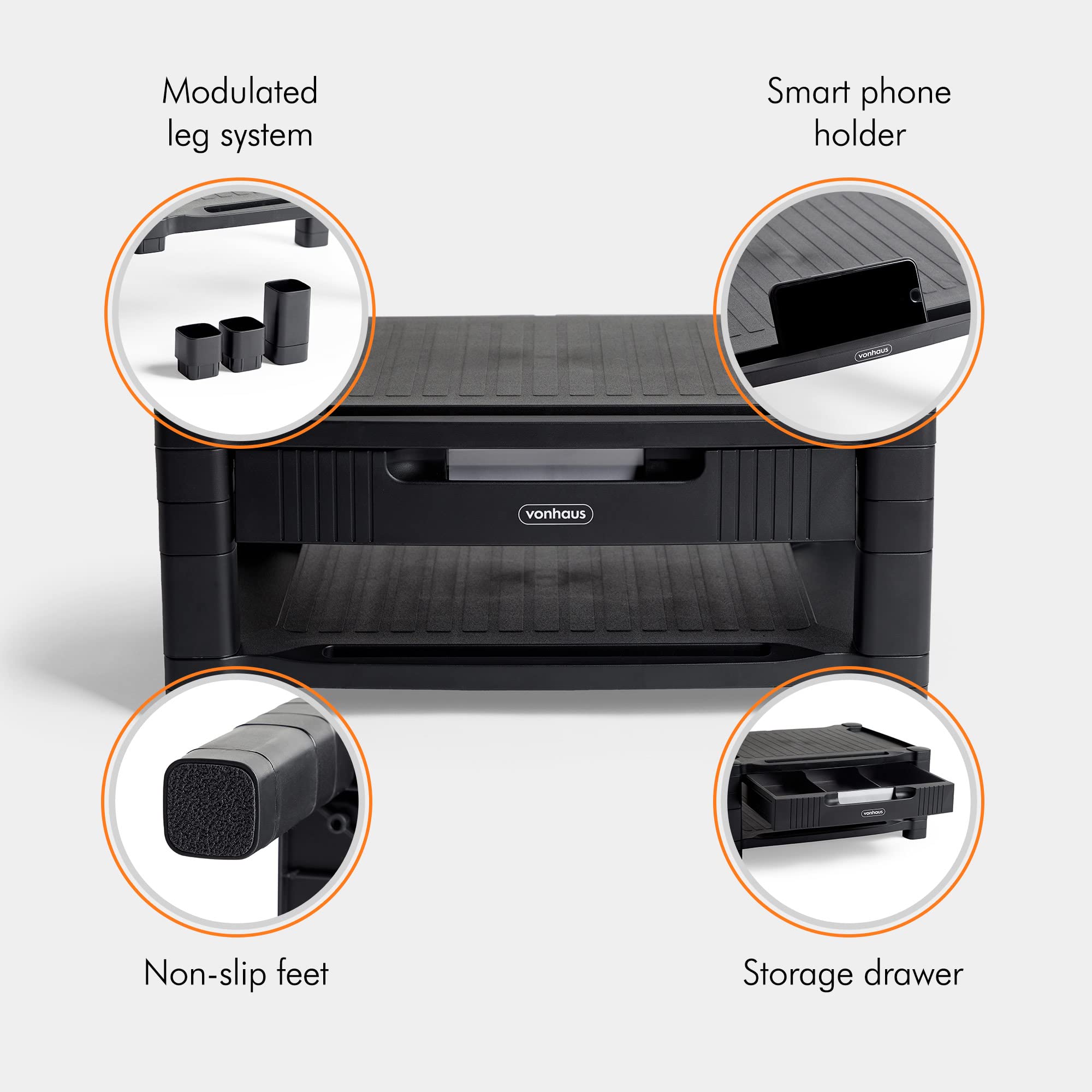 VonHaus Supporto Monitor Scrivania Nero 2 Ripiani con Cassetto