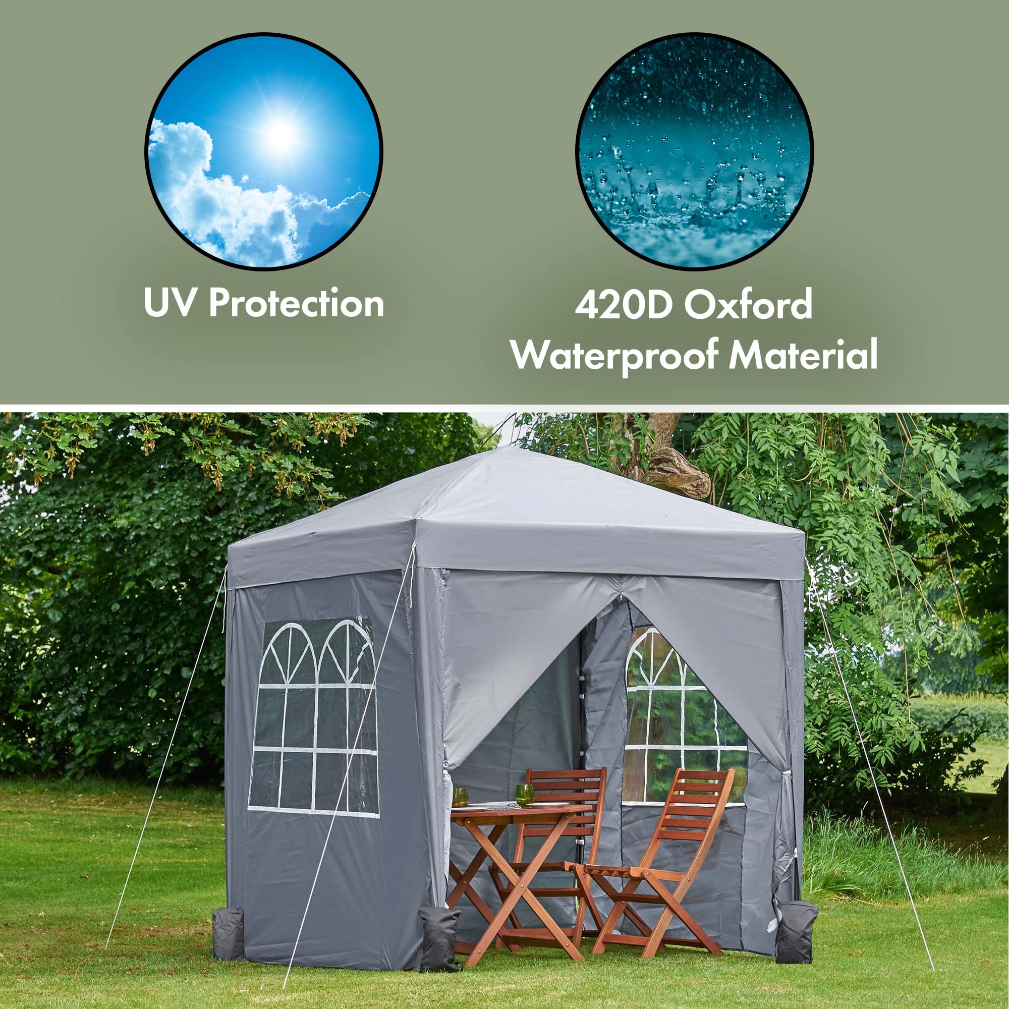 VonHaus Gazebo Pop-Up 2x2 m Impermeabile Grigio con 4 Pareti