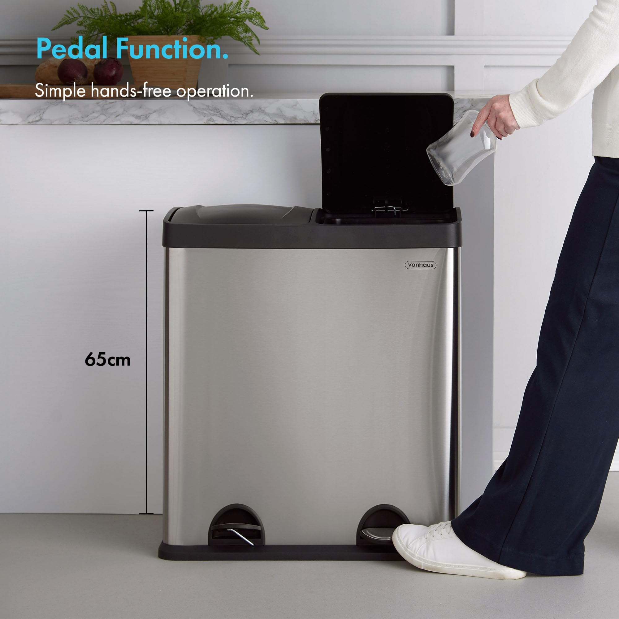 VonHaus pattumiera 2 scomparti inox 60 L a pedale