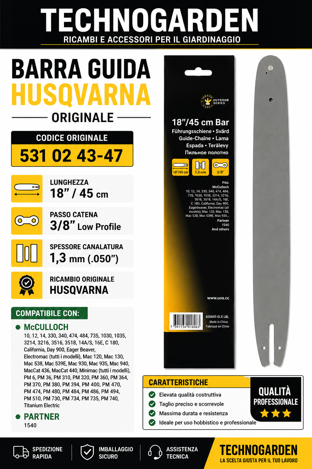Husqvarna 531024347 barra guida 18" 45cm 3/8" 1,3mm