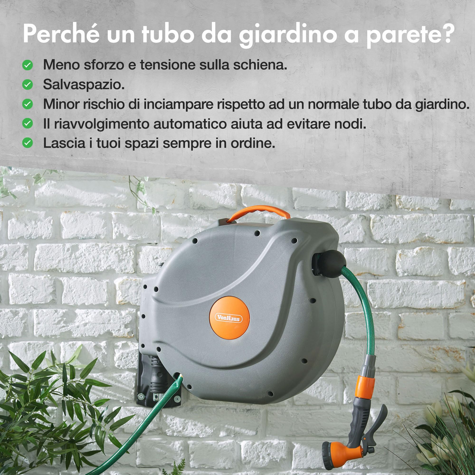 VonHaus avvolgitubo giardino 20 m retrattile 8 getti