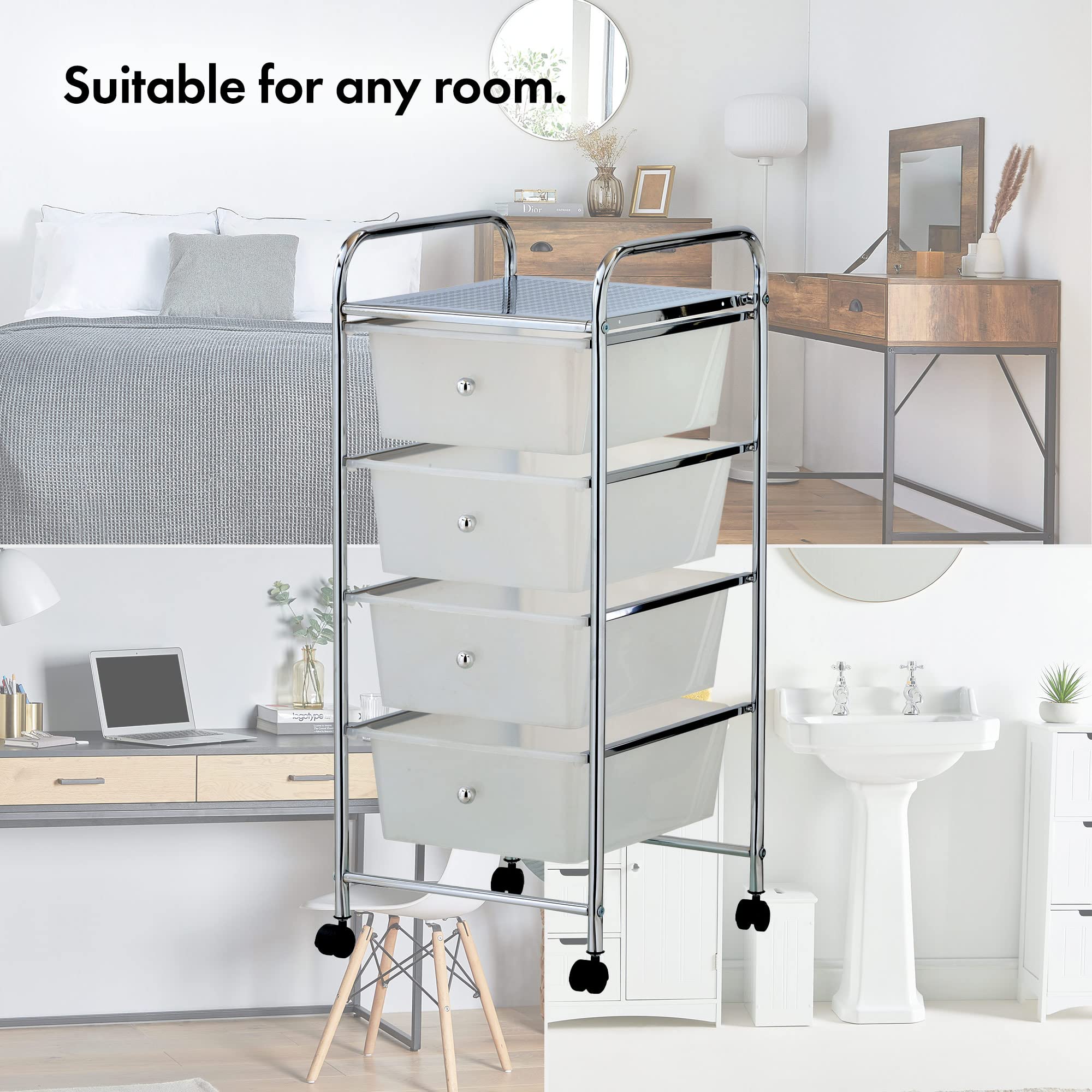 VonHaus Carrello 4 Cassetti Bianco con Ruote Salvaspazio