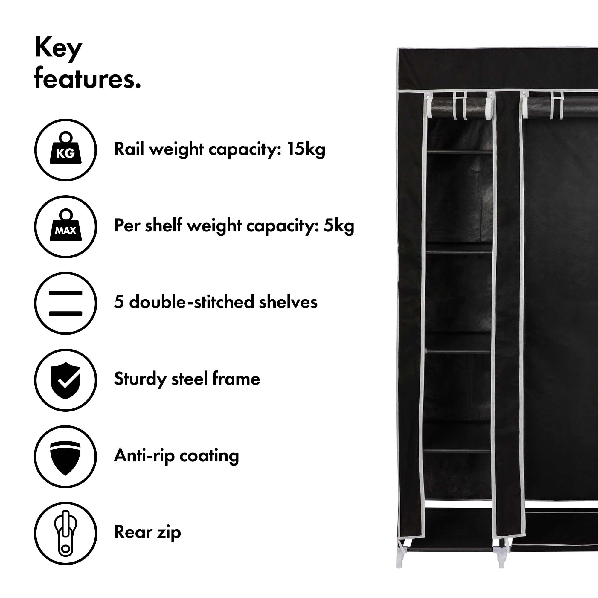 VonHaus guardaroba doppio in tela nero 100x175x45 cm