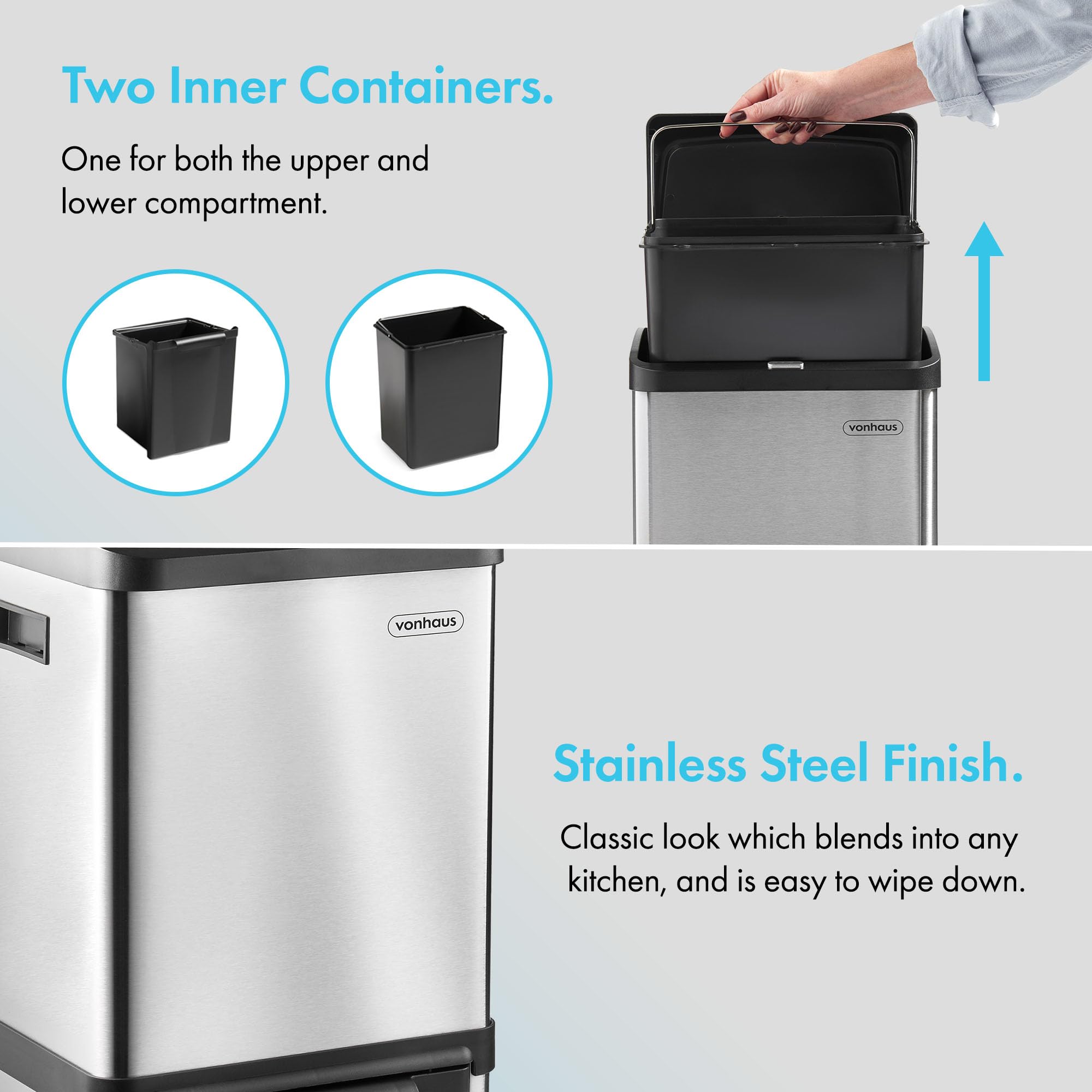 VonHaus pattumiera 2 scomparti inox 34 L verticale