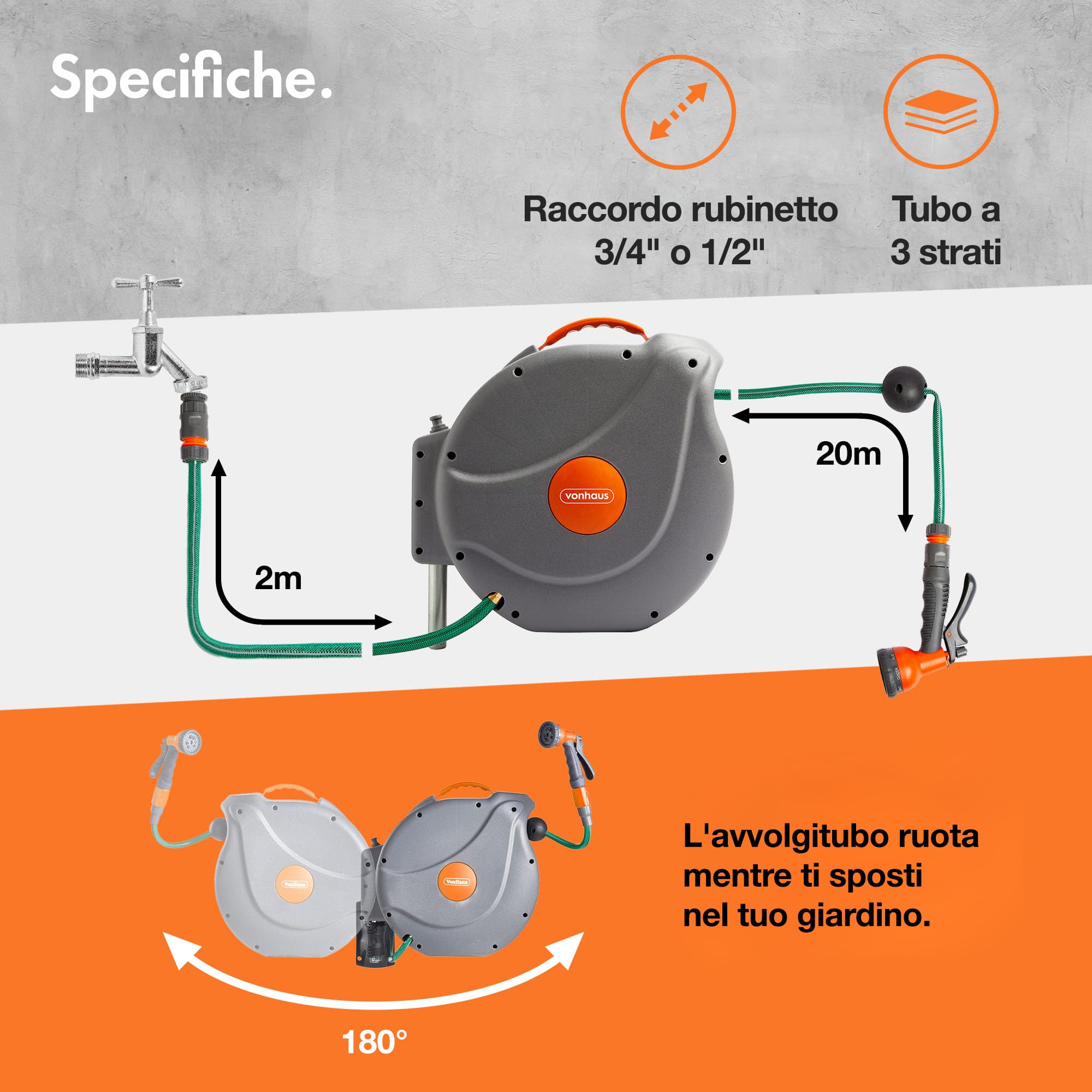 VonHaus avvolgitubo giardino 20 m retrattile 8 getti