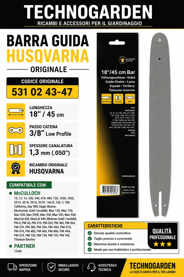 Husqvarna 531024347 barra guida 18" 45cm 3/8" 1,3mm
