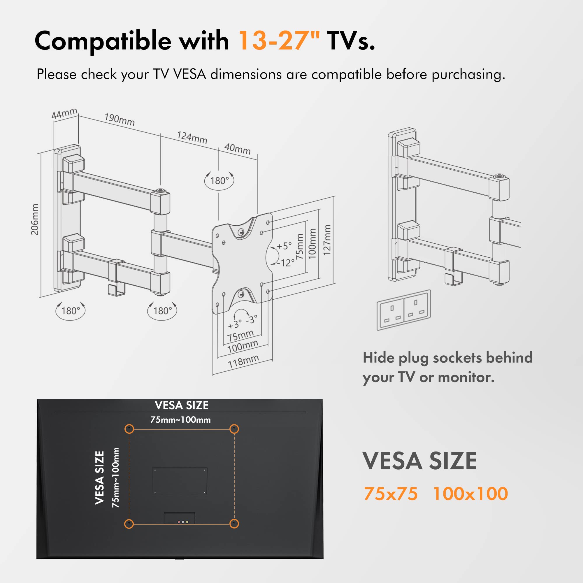 Vonhaus supporto TV a muro 13-27" VESA 100 braccio snodato