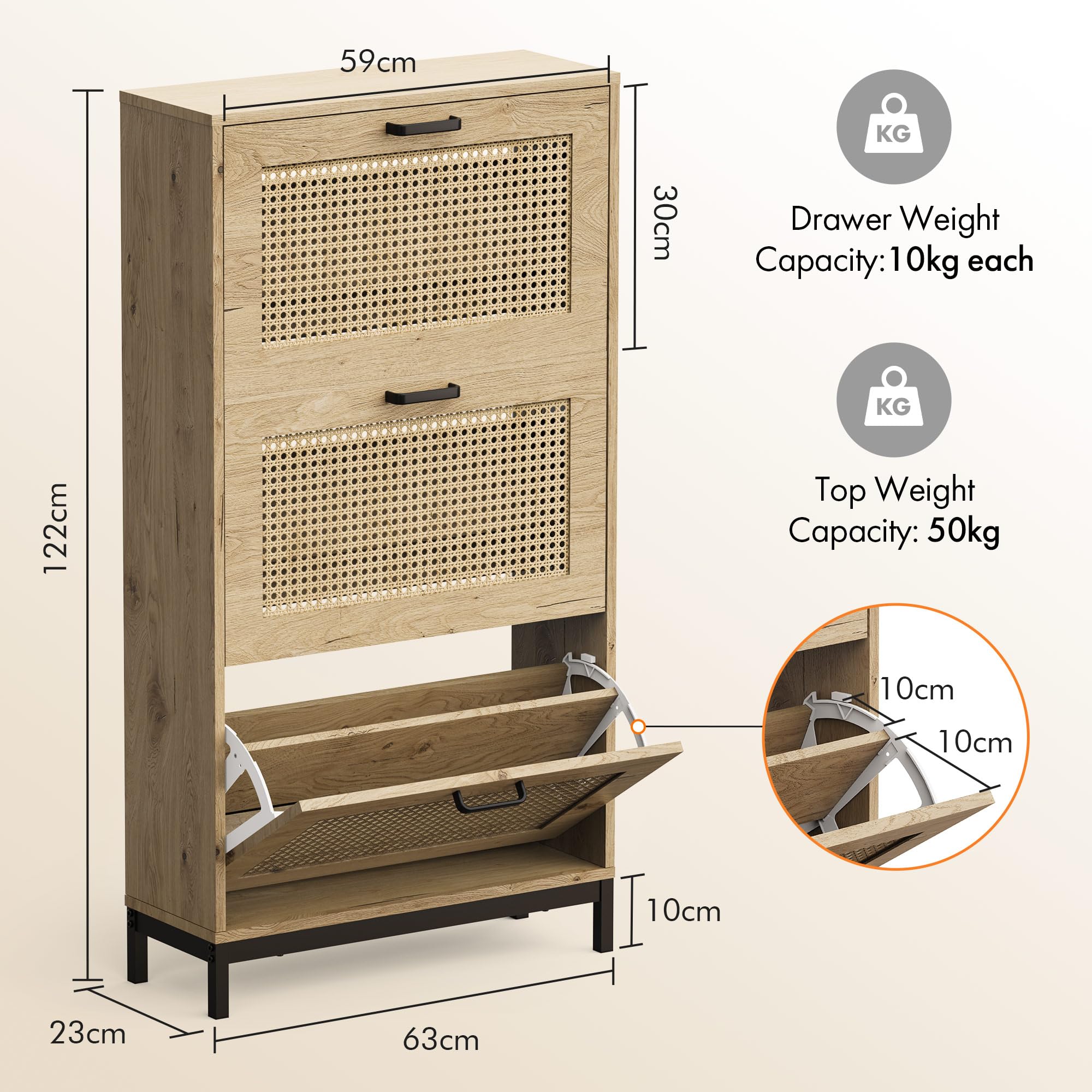 VonHaus Lena scarpiera rattan 3 cassetti 18 paia