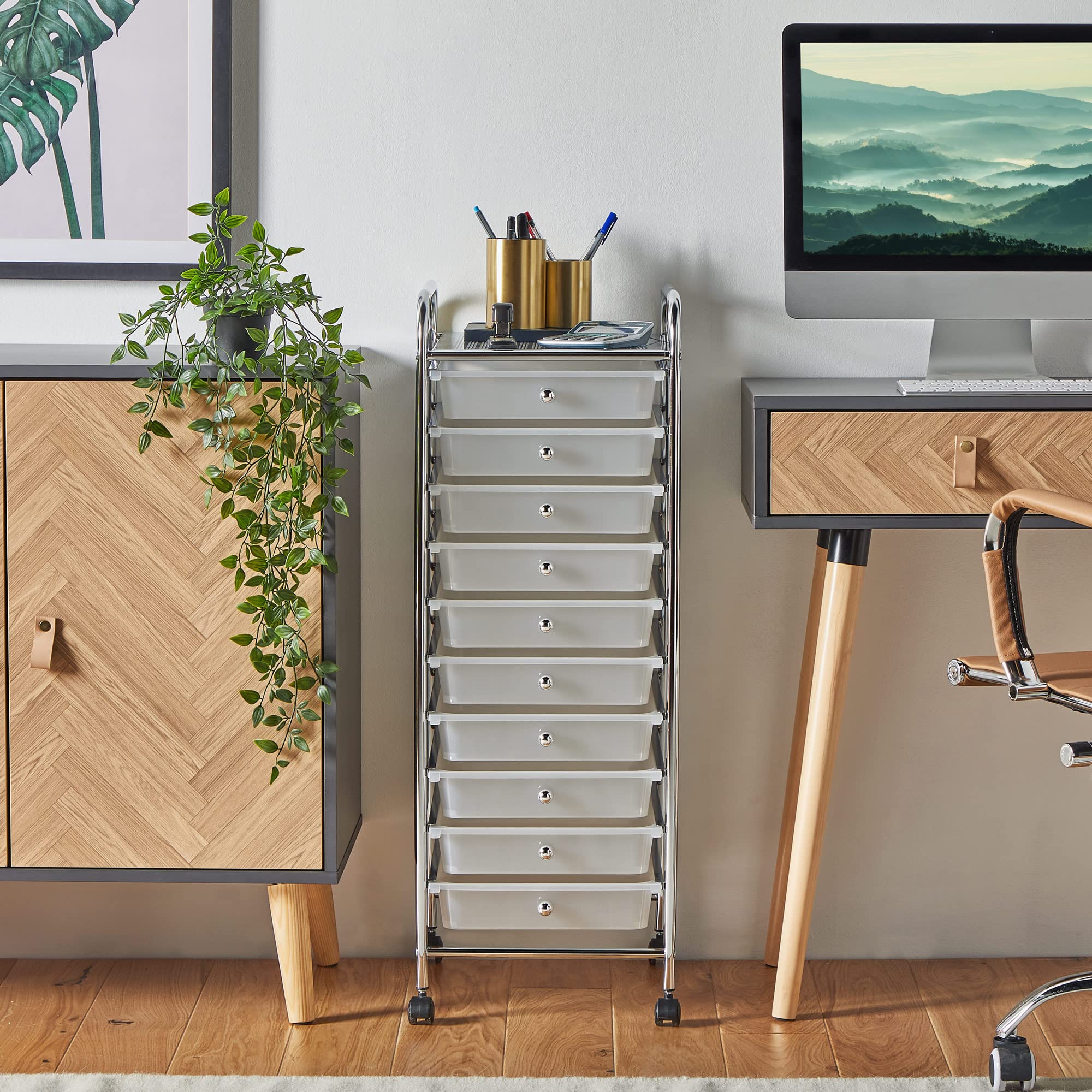 VonHaus carrello cassettiera 10 cassetti bianco con ruote