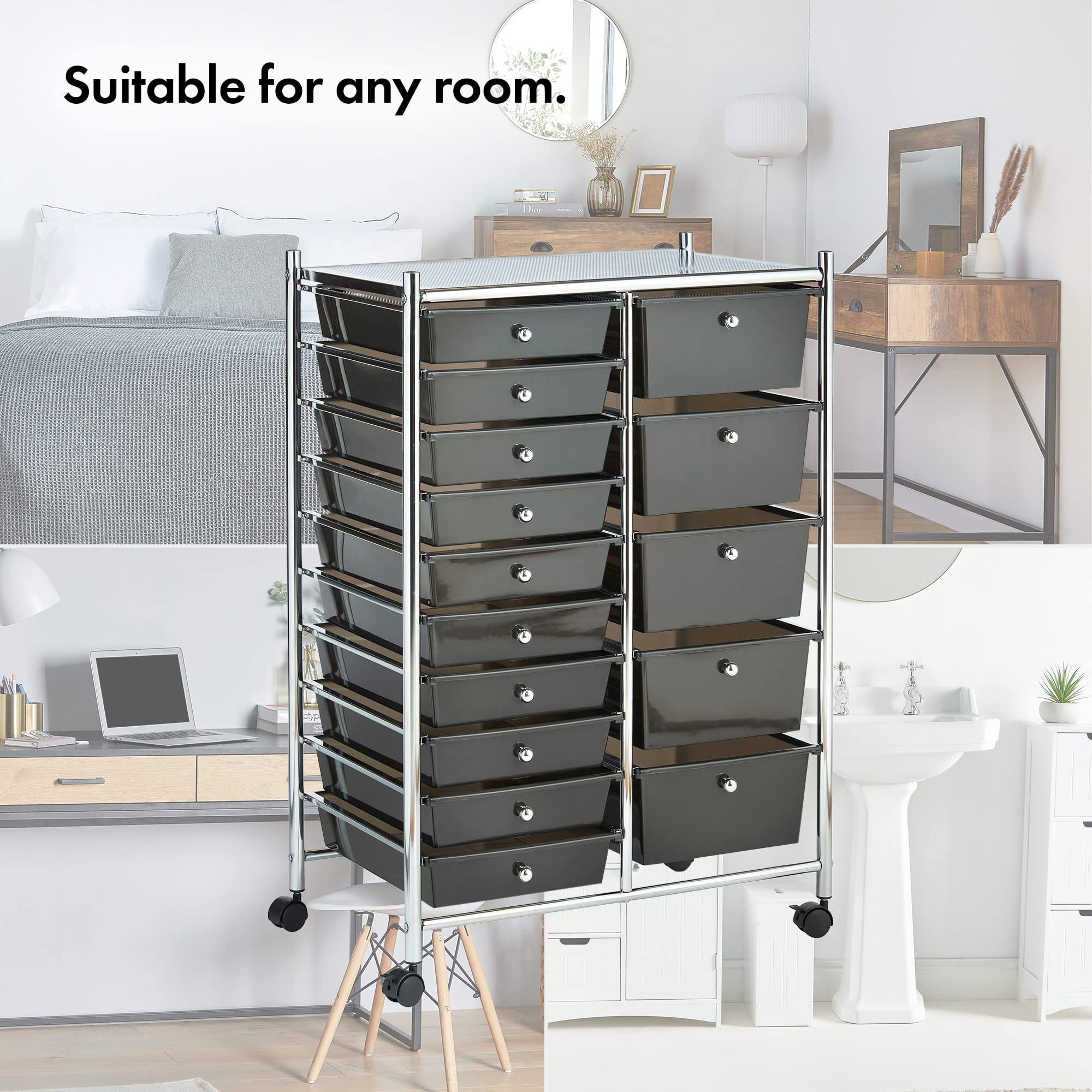 VonHaus Carrello 15 Cassetti Nero con Ruote Ufficio