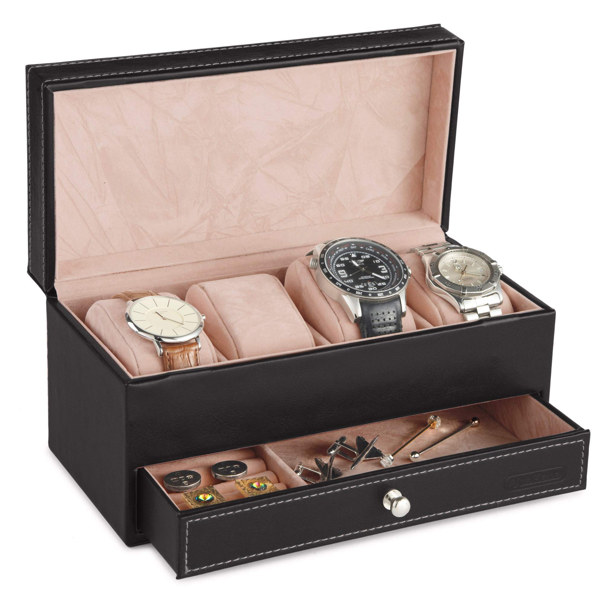 VonHaus Scatola 4 Orologi e Gemelli Ecopelle Nera