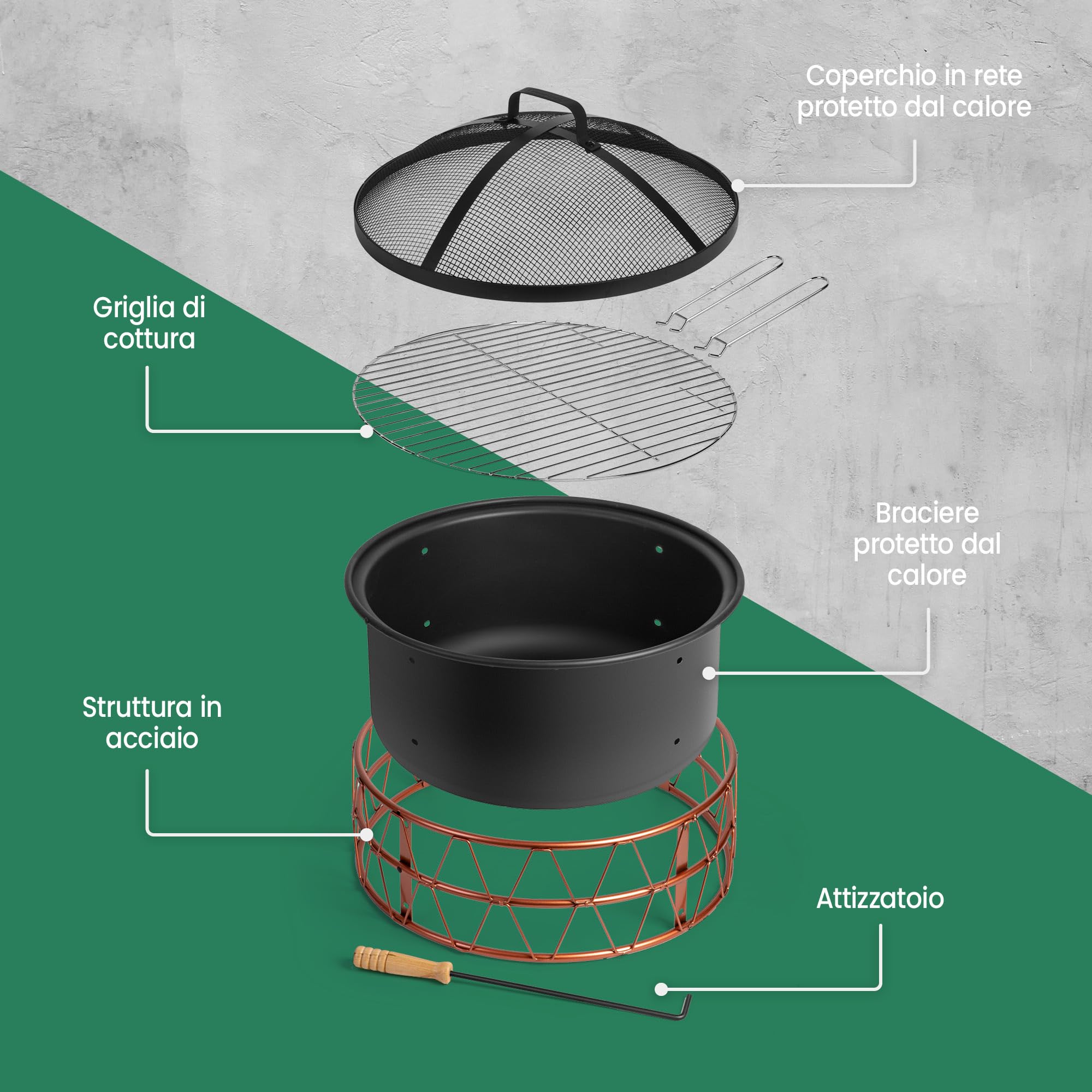 VonHaus Braciere BBQ 2 in 1 acciaio nero rame 54 cm