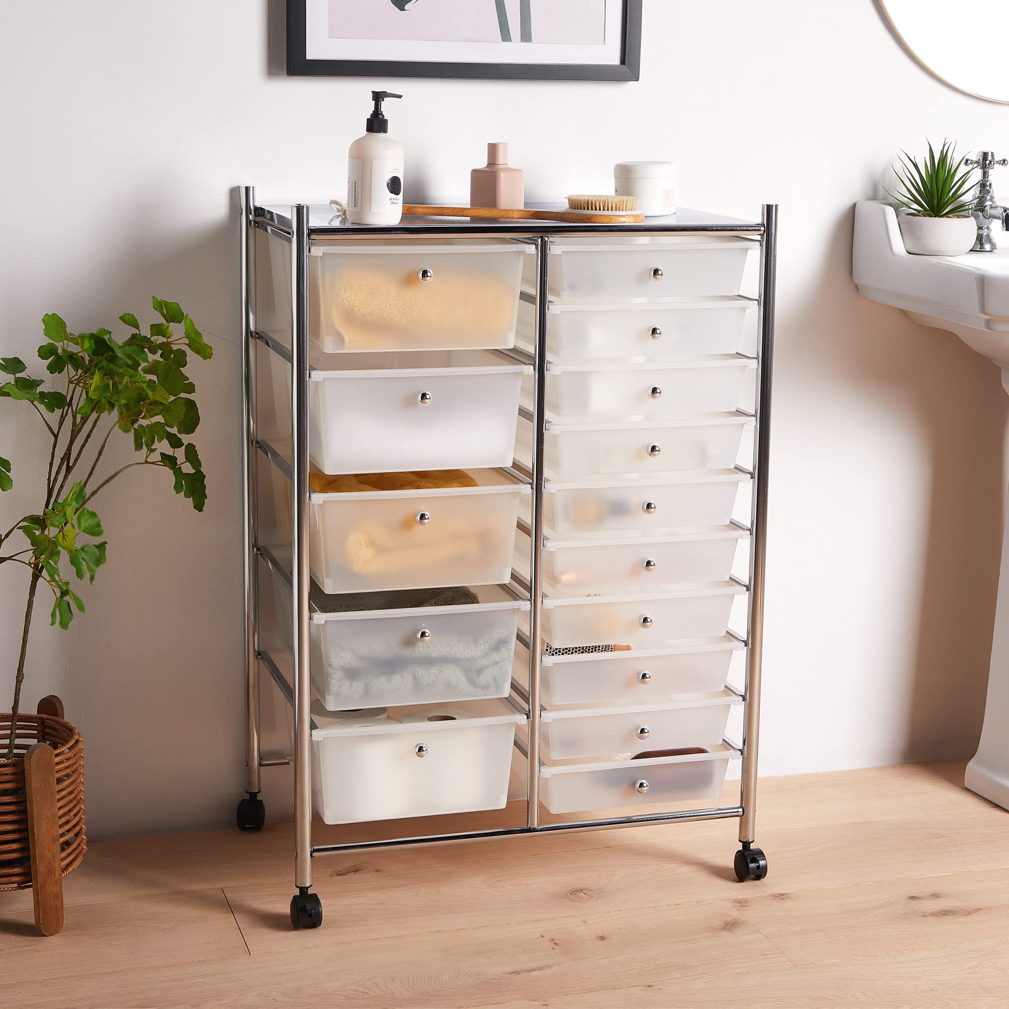 VonHaus Carrello 15 Cassetti Bianco con Ruote 76 cm