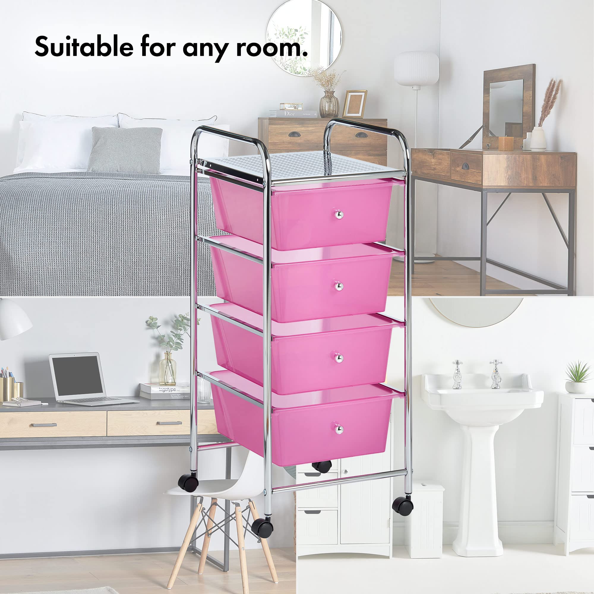Vonhaus Carrello 4 Cassetti Rosa con Ruote 76 cm