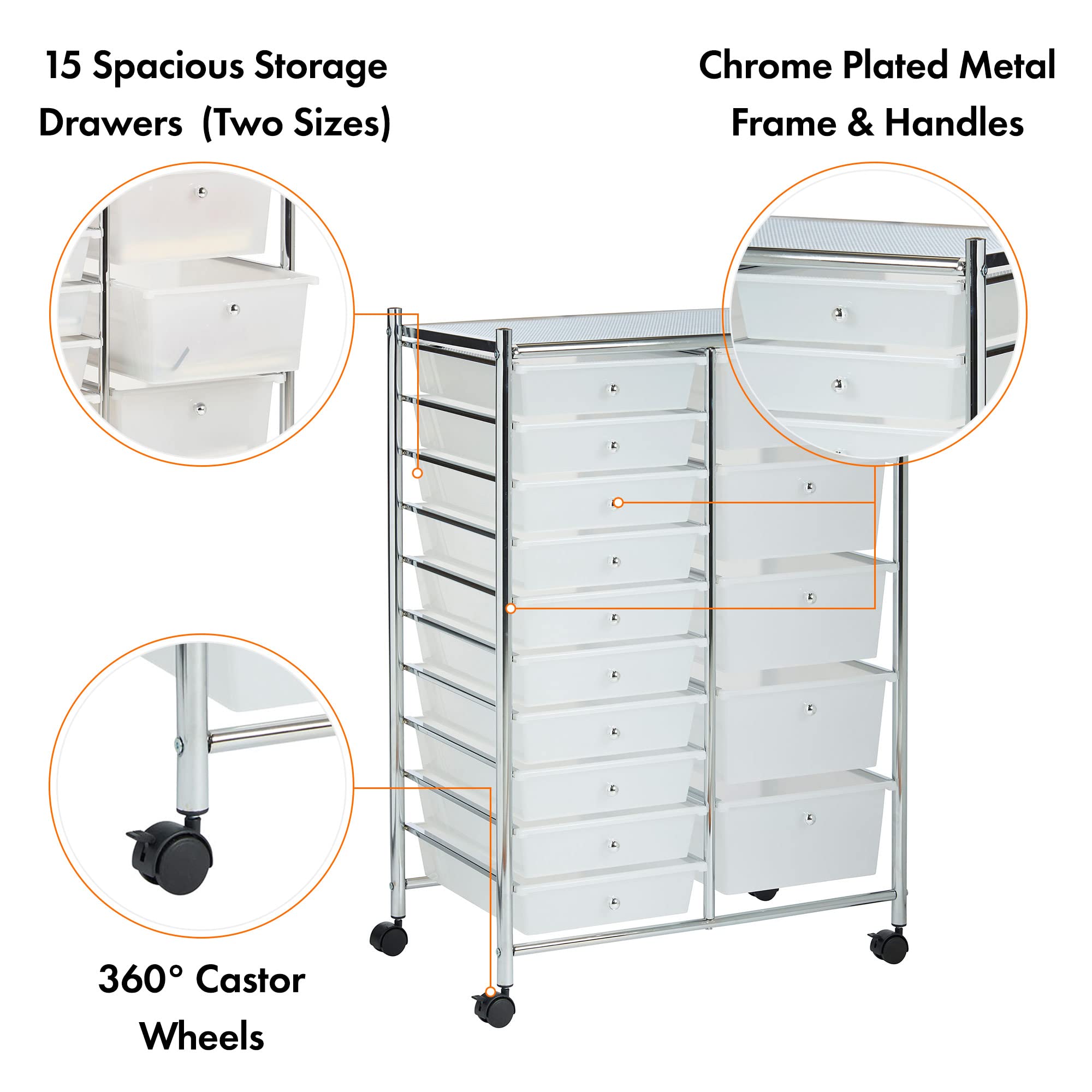 VonHaus Carrello 15 Cassetti Bianco con Ruote 76 cm