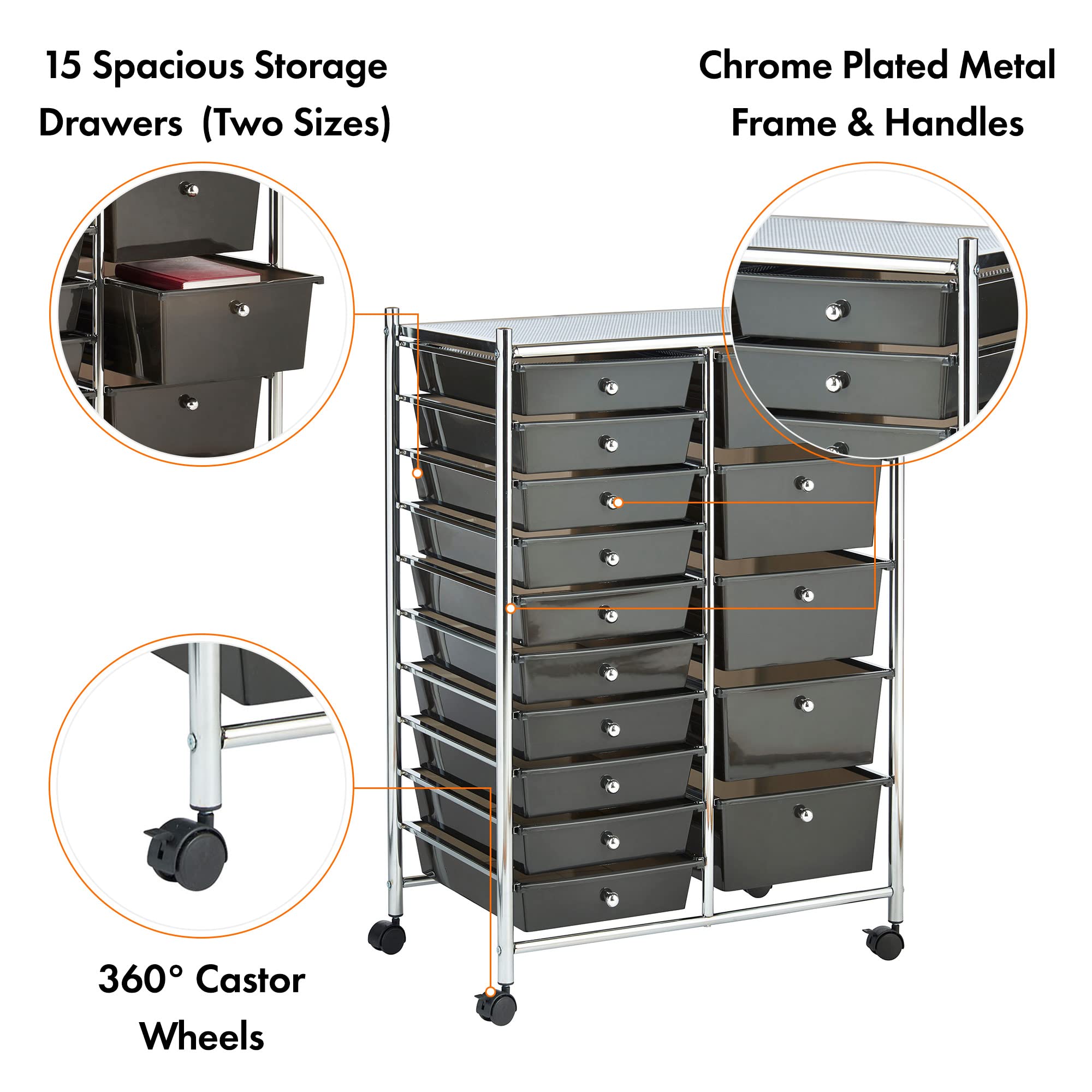 VonHaus Carrello 15 Cassetti Nero con Ruote Ufficio