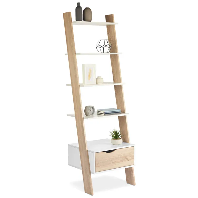 Vonhaus Libreria a Scala 5 Ripiani 1 Cassetto Bianco Rovere Sonoma