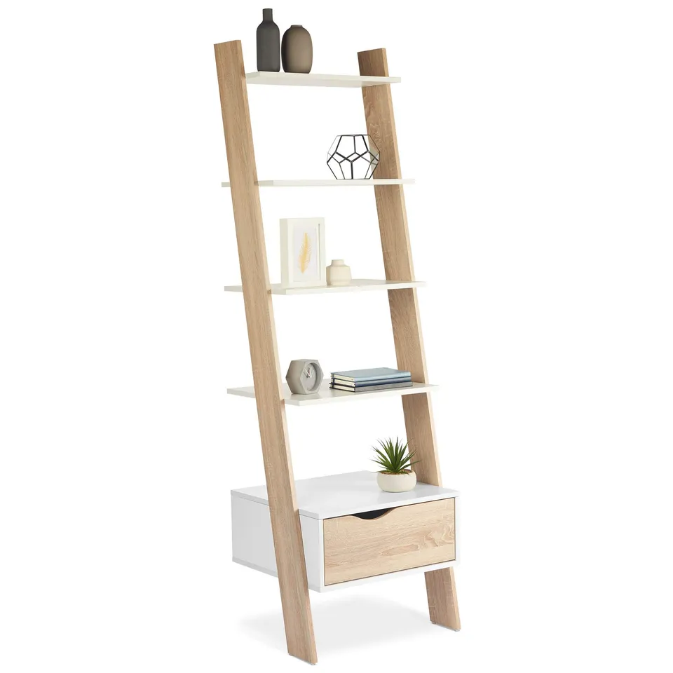 Vonhaus Libreria a Scala 5 Ripiani 1 Cassetto Bianco Rovere Sonoma