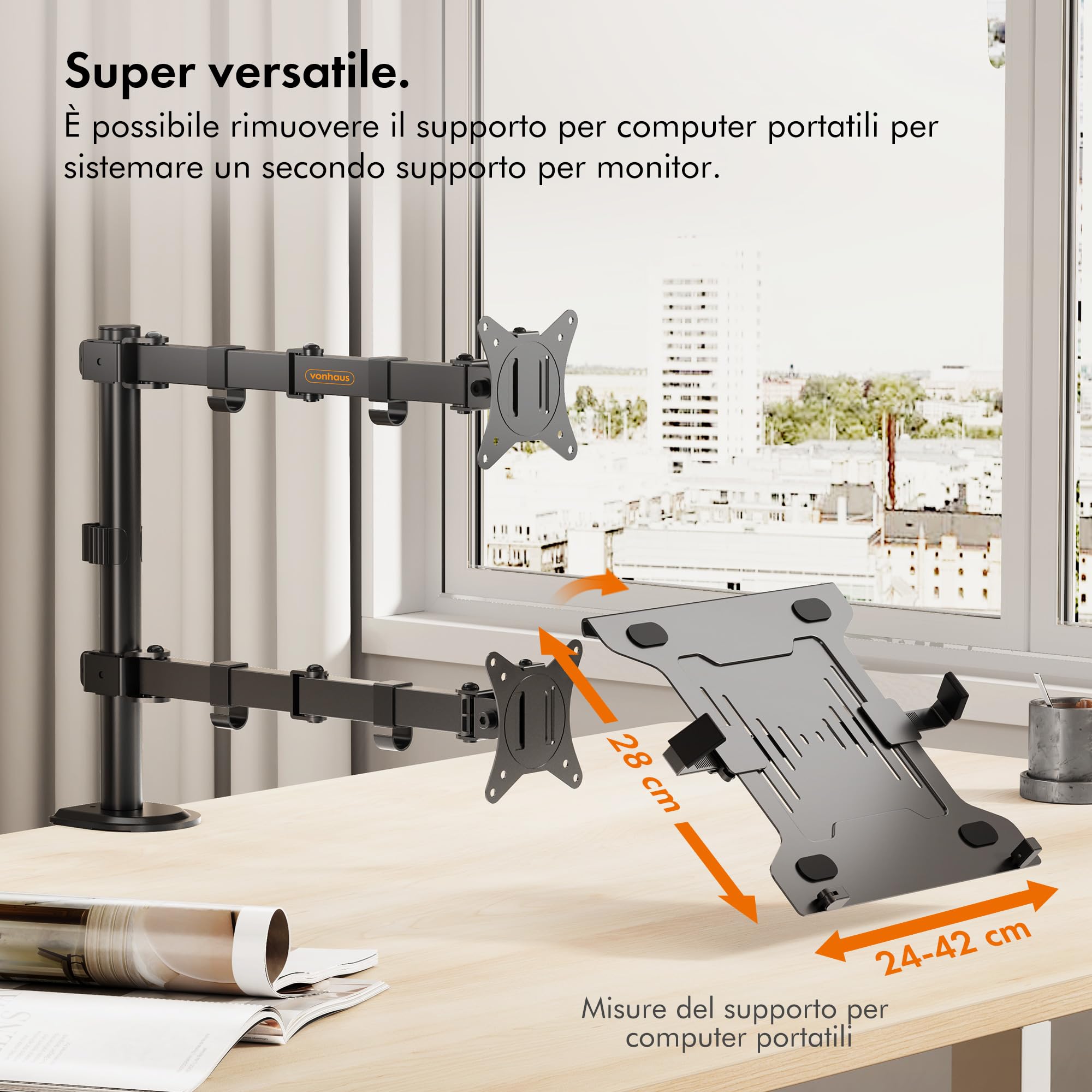VonHaus Supporto Doppio Monitor e Laptop a Morsetto Nero
