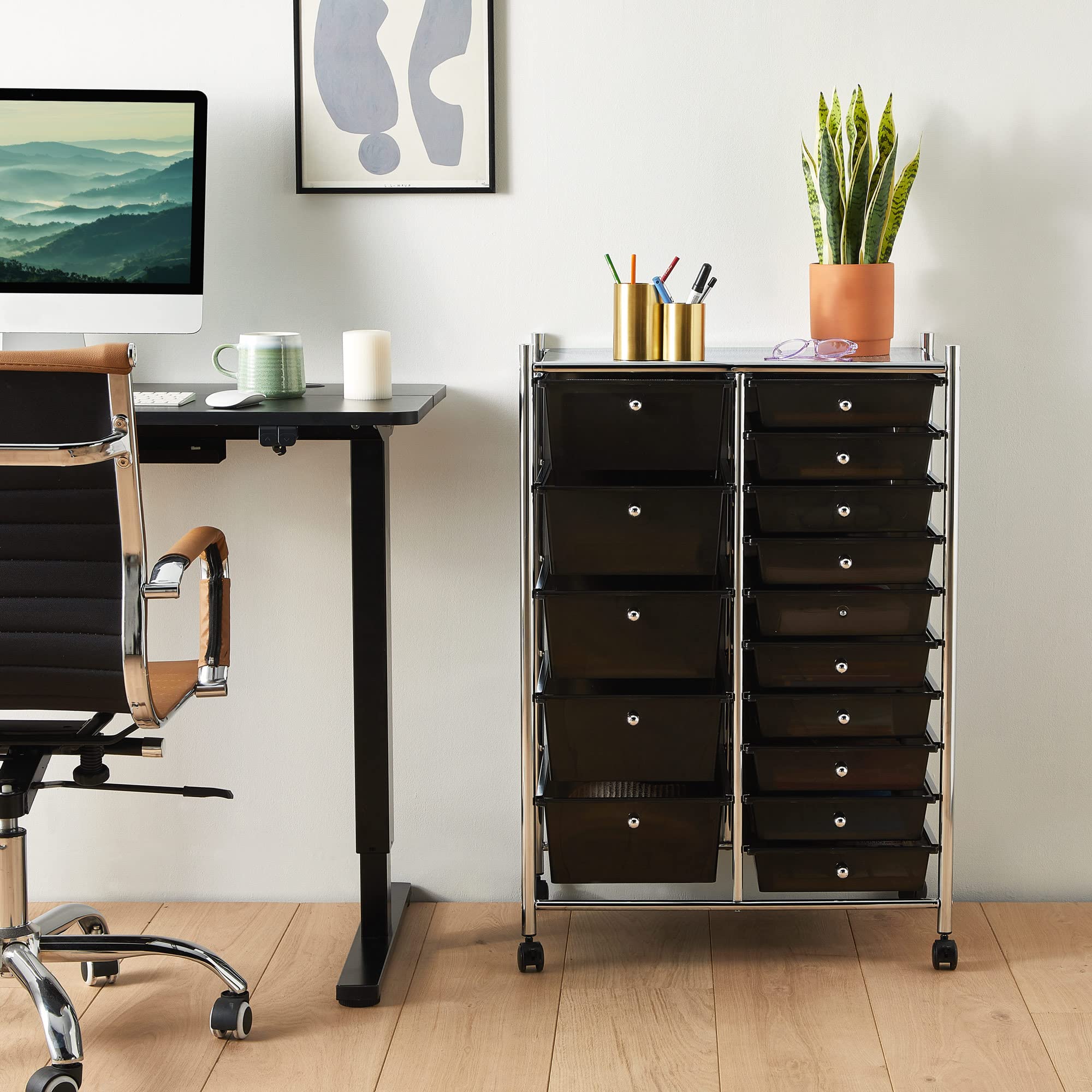 VonHaus Carrello 15 Cassetti Nero con Ruote Ufficio