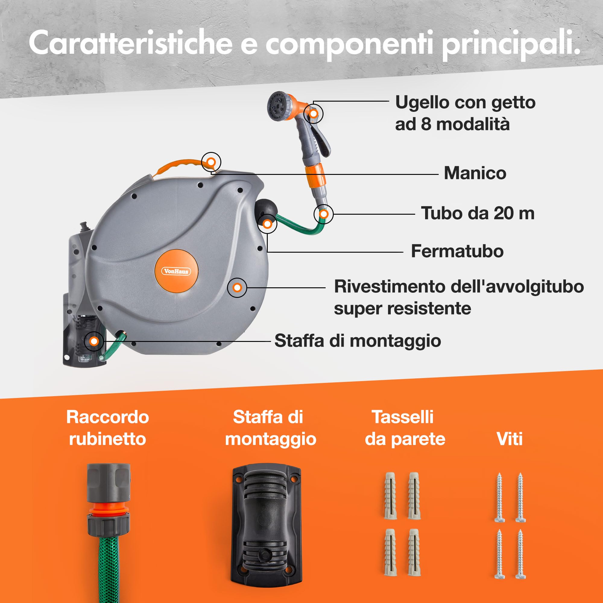 VonHaus avvolgitubo giardino 20 m retrattile 8 getti