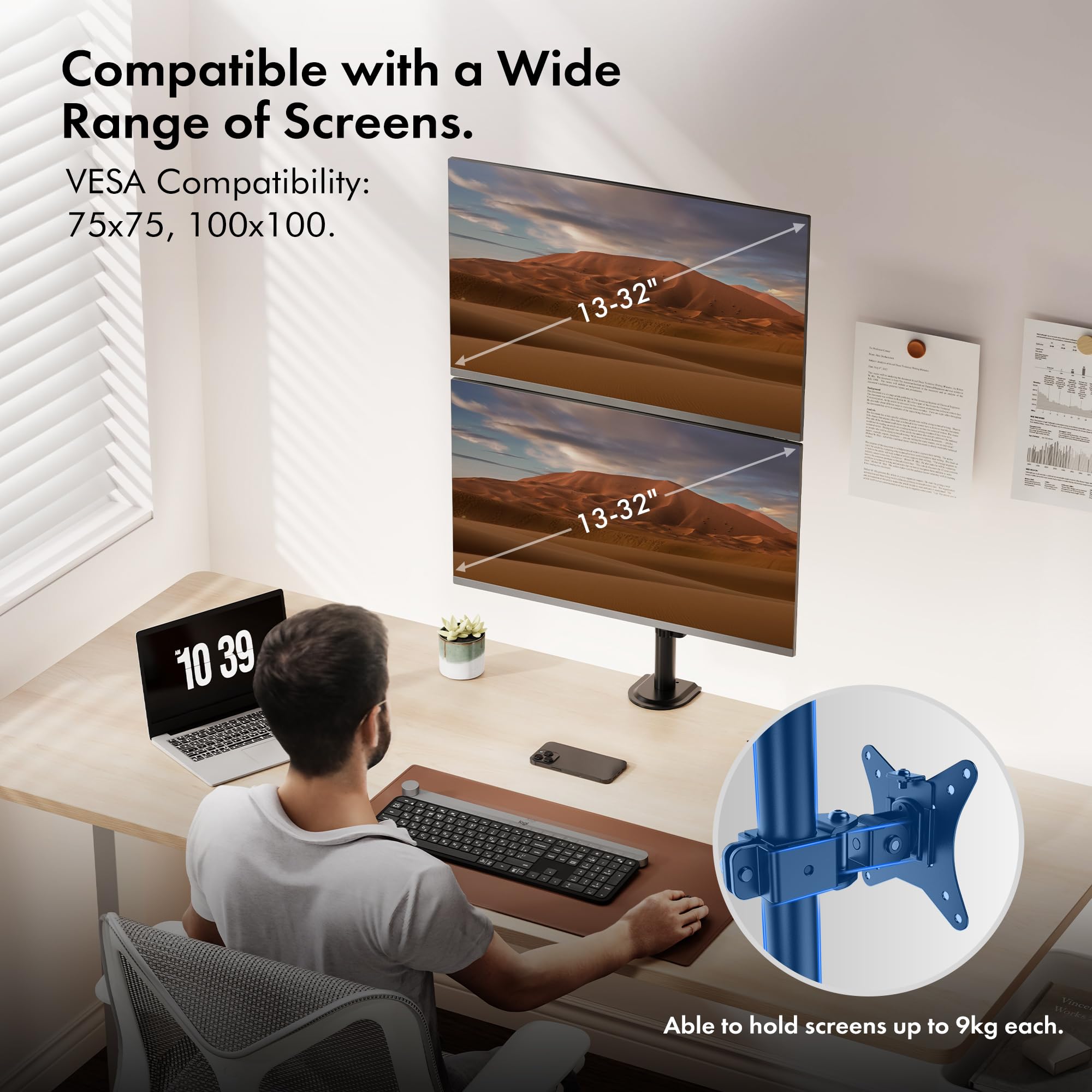 VonHaus Supporto Doppio Monitor Verticale da Scrivania VESA 8 kg