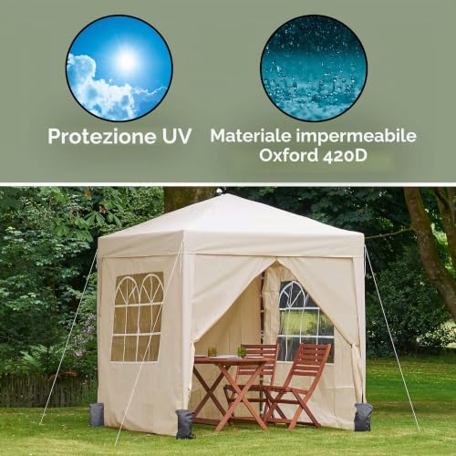 VonHaus Gazebo Pop-Up 2x2 m Impermeabile Crema con 4 Pareti