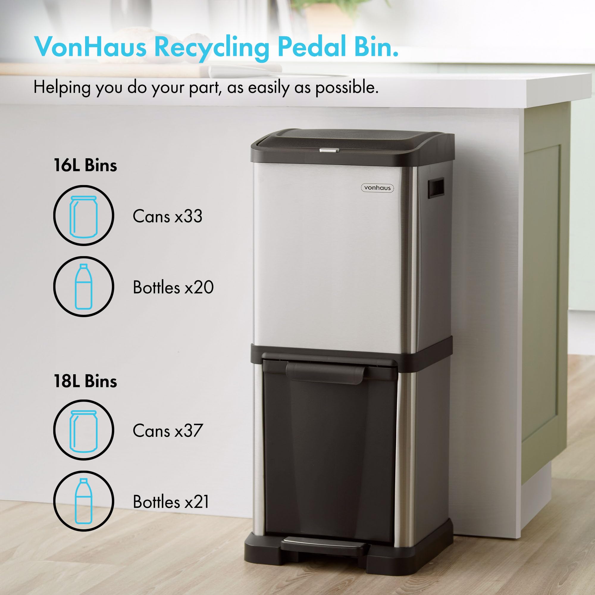 VonHaus pattumiera 2 scomparti inox 34 L verticale