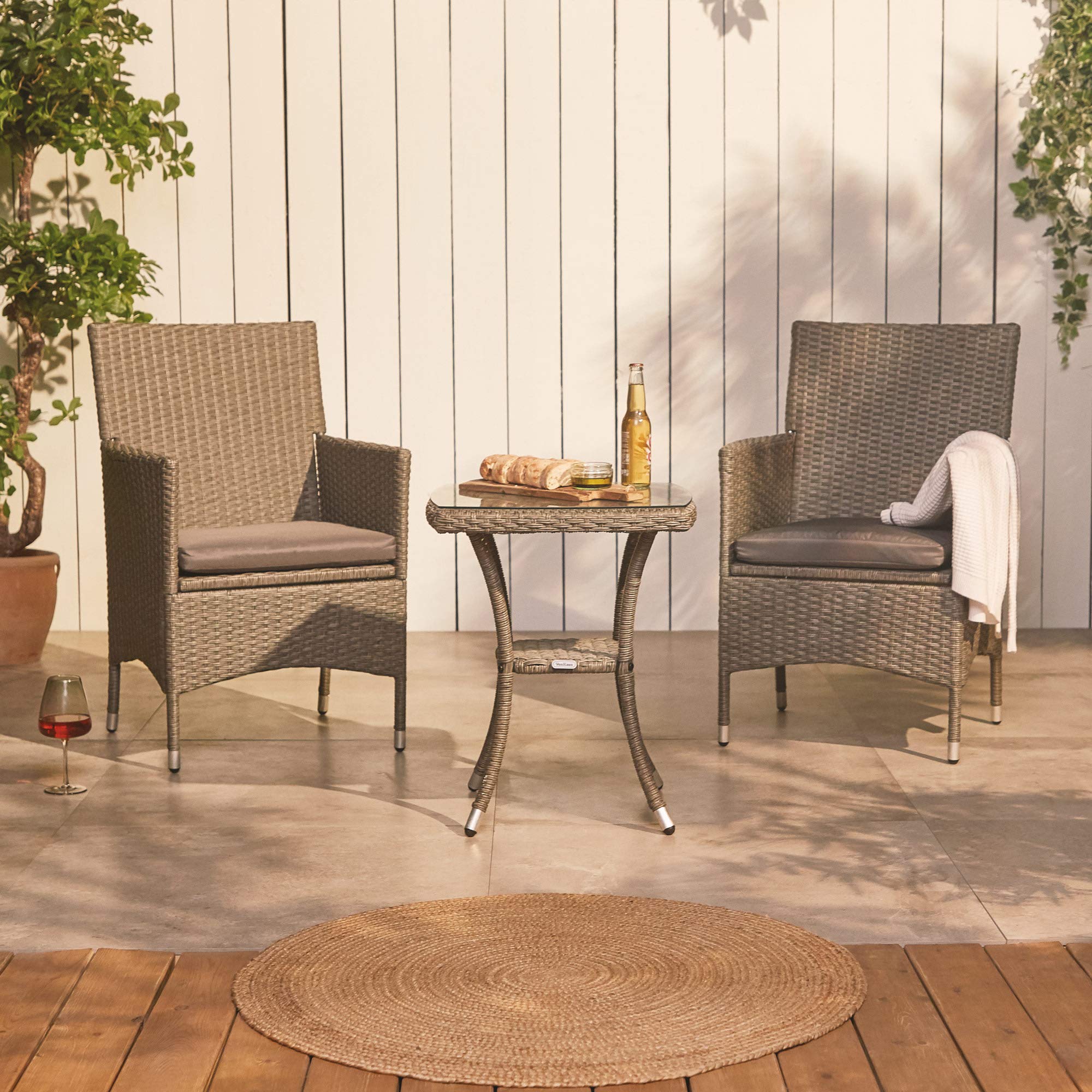 VonHaus Set Giardino Rattan 3 Pezzi Grigio con Vetro