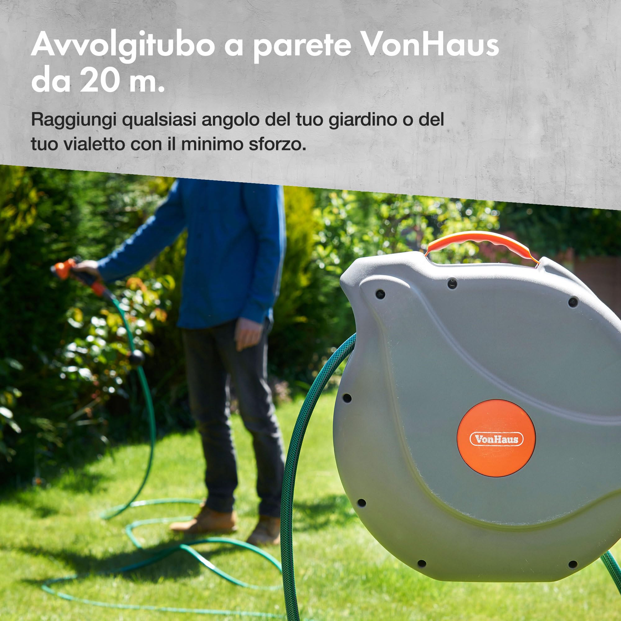VonHaus avvolgitubo giardino 20 m retrattile 8 getti