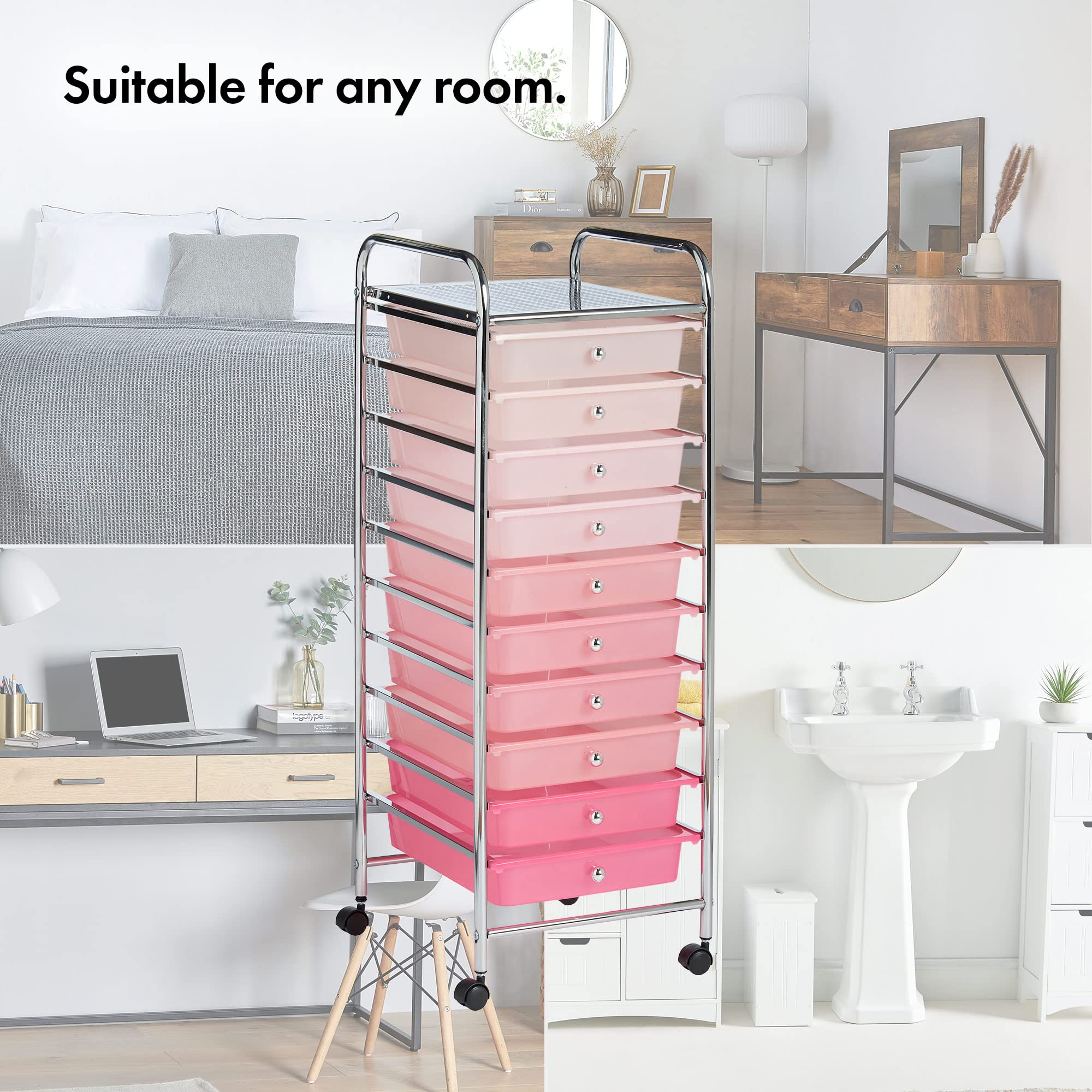 VonHaus Carrello 10 cassetti con ruote rosa per casa
