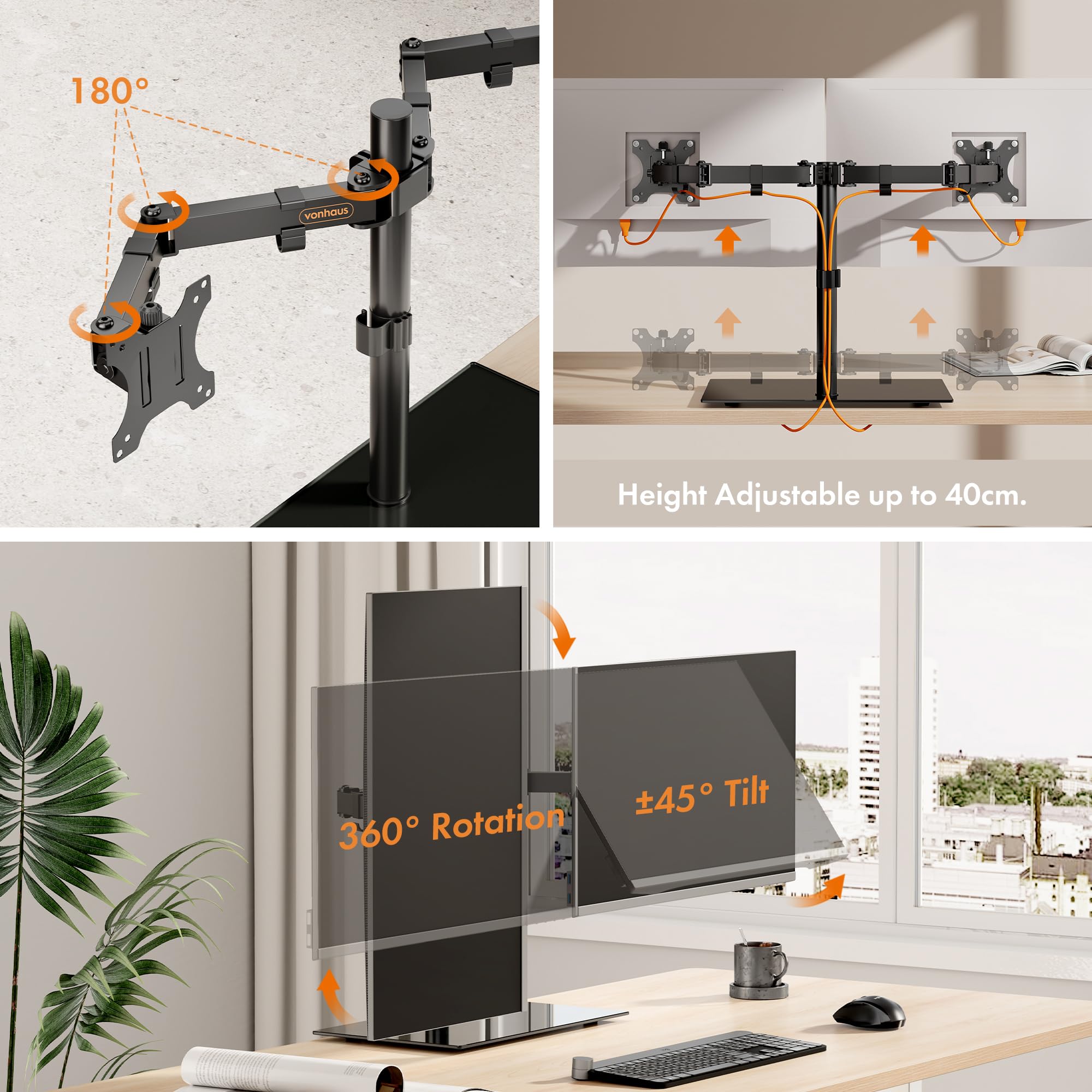 VonHaus Supporto scrivania doppio monitor 13-27 vetro